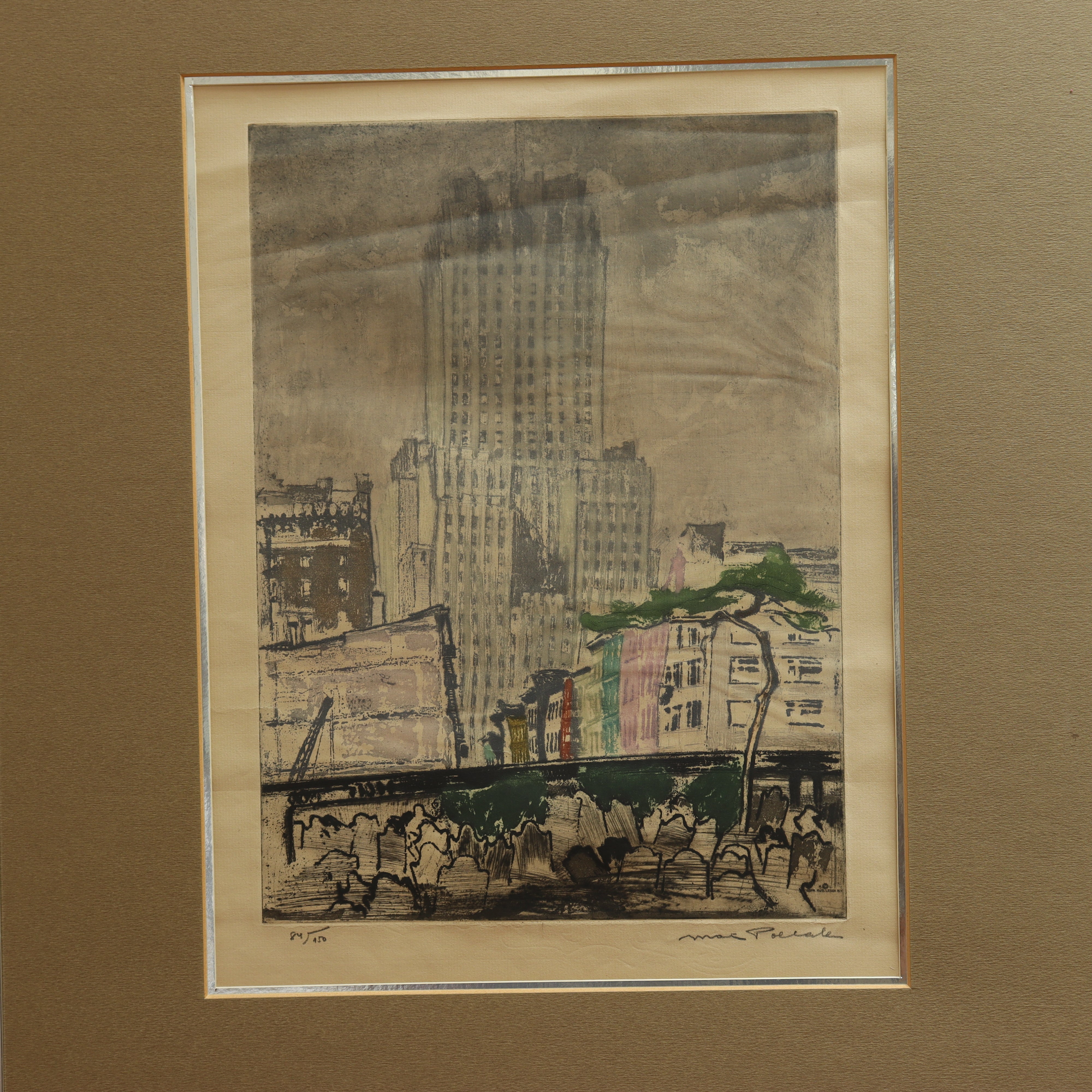 AW7-110: Max Pollak - Gravestones & Skyscrapers - Modernist Hand Colored Etching