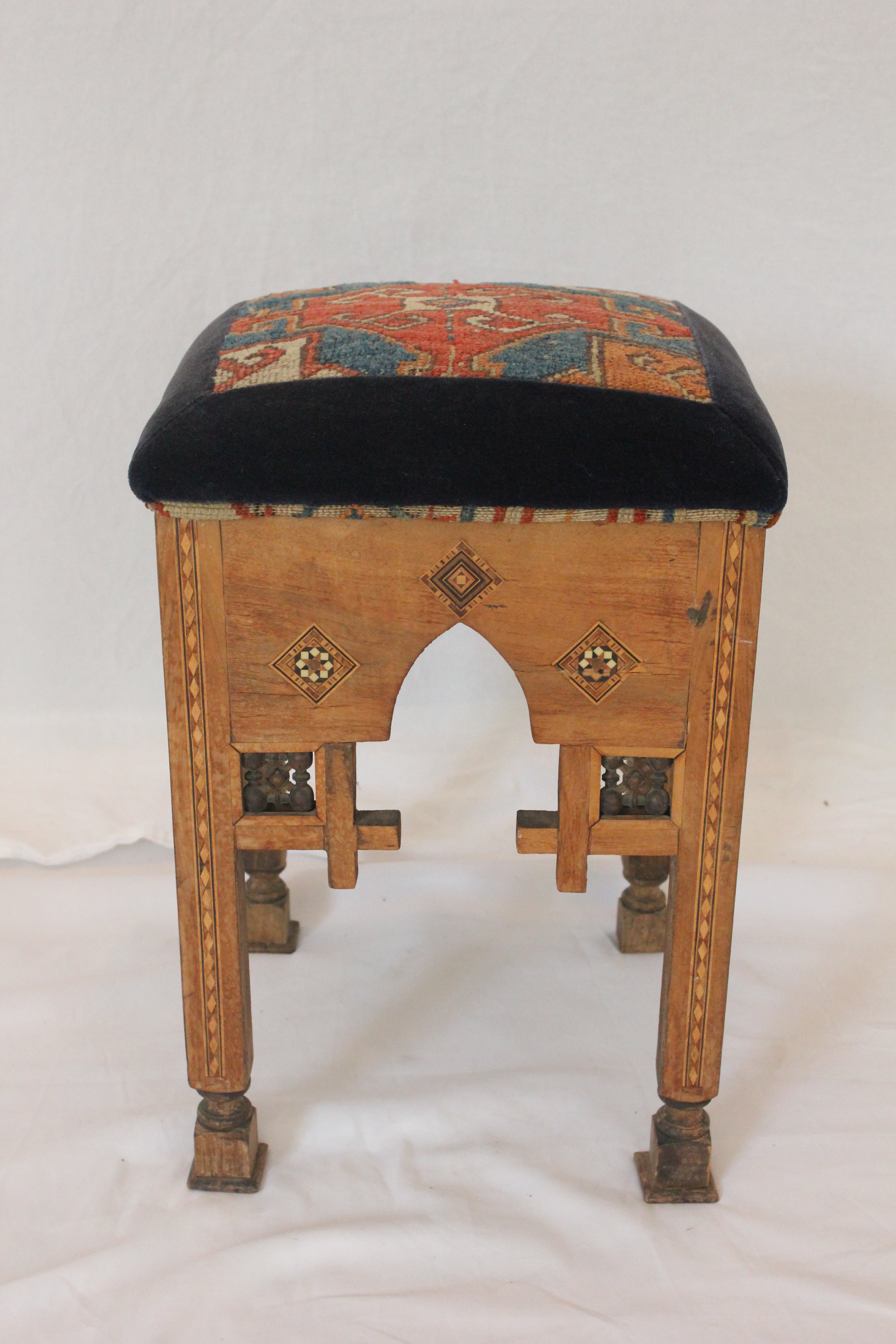 AF2-227: Antique Late 19th Century Moroccan Stool with Hand Knotted Rug Upholstery