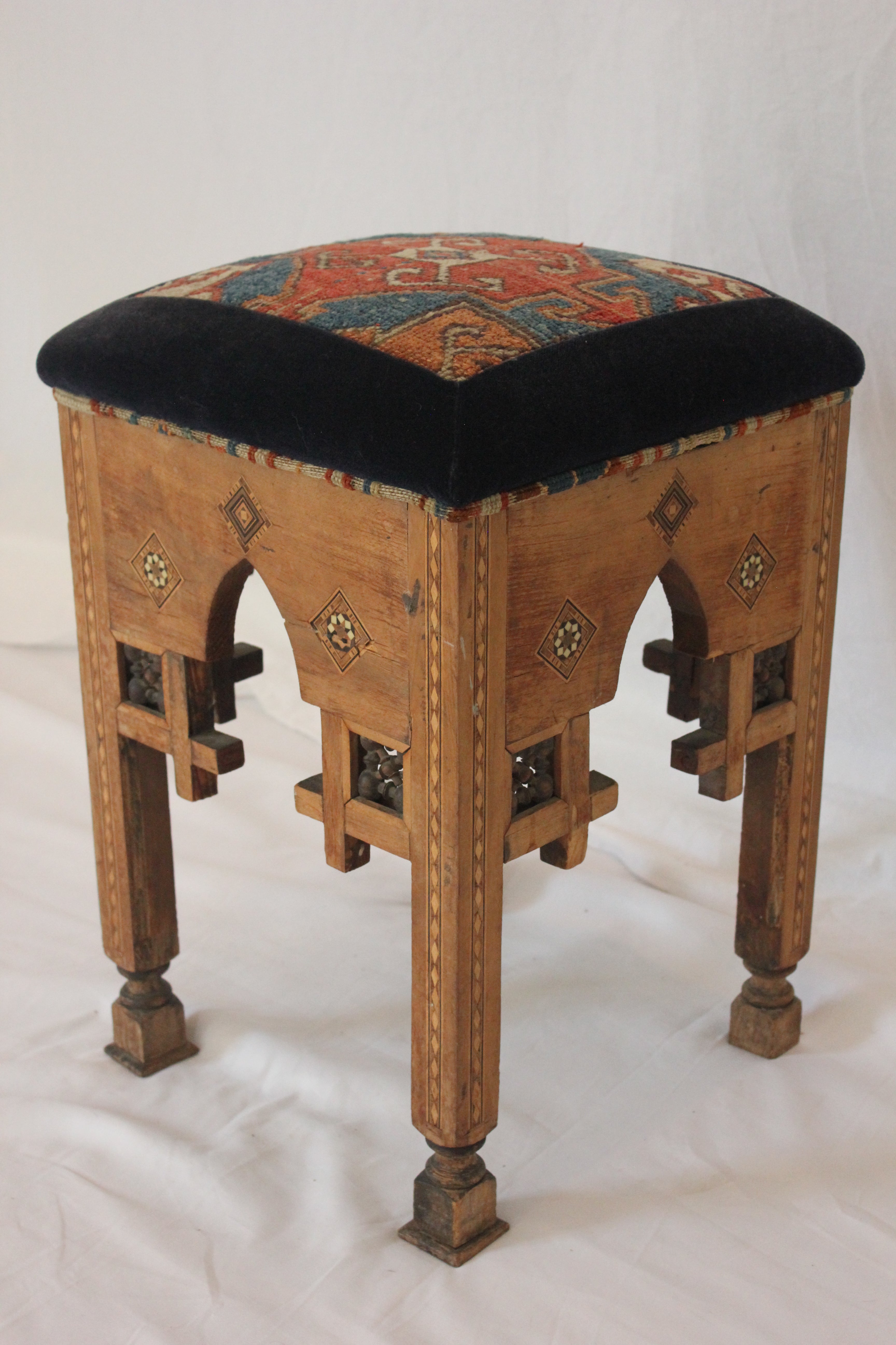 AF2-227: Antique Late 19th Century Moroccan Stool with Hand Knotted Rug Upholstery