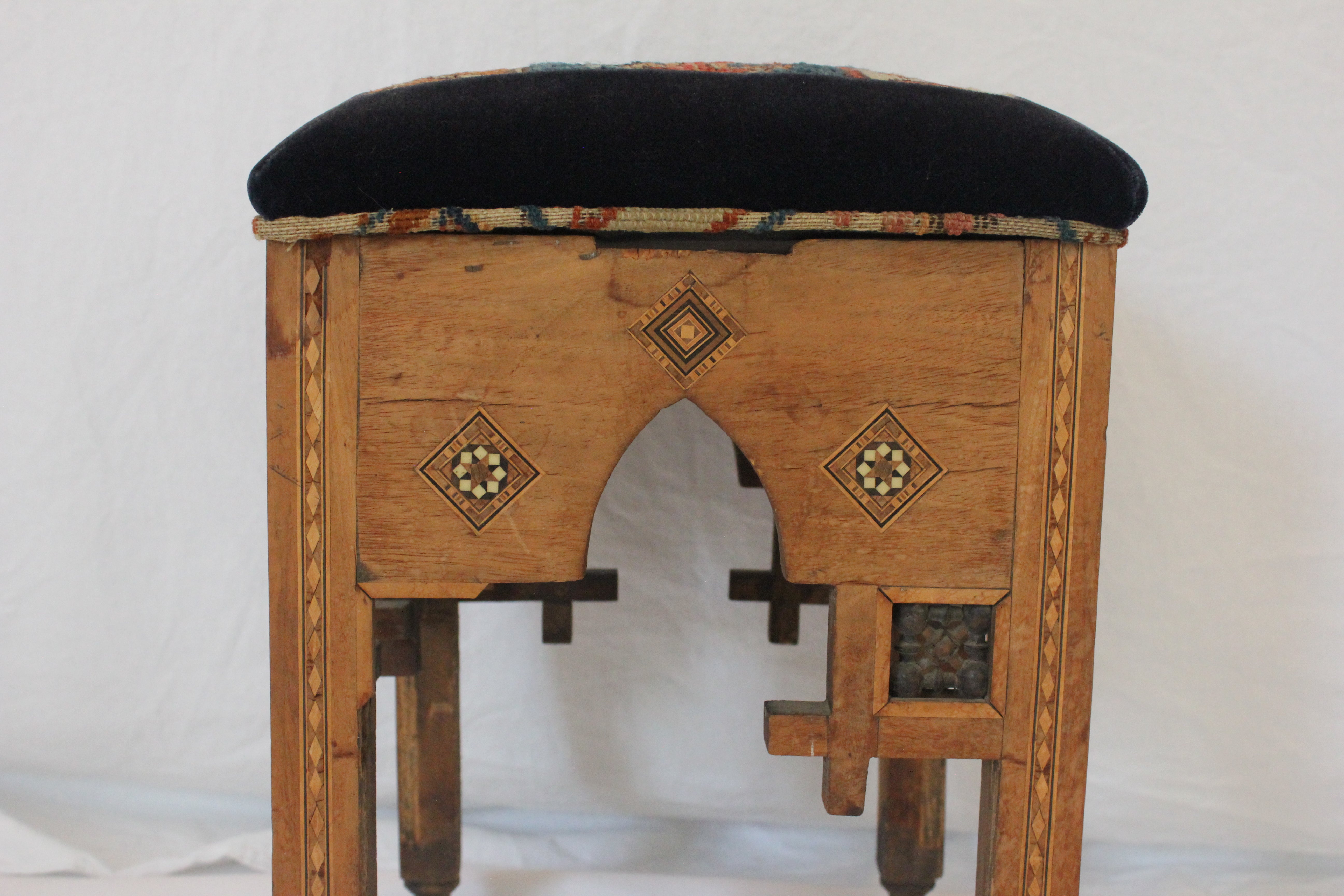 AF2-227: Antique Late 19th Century Moroccan Stool with Hand Knotted Rug Upholstery