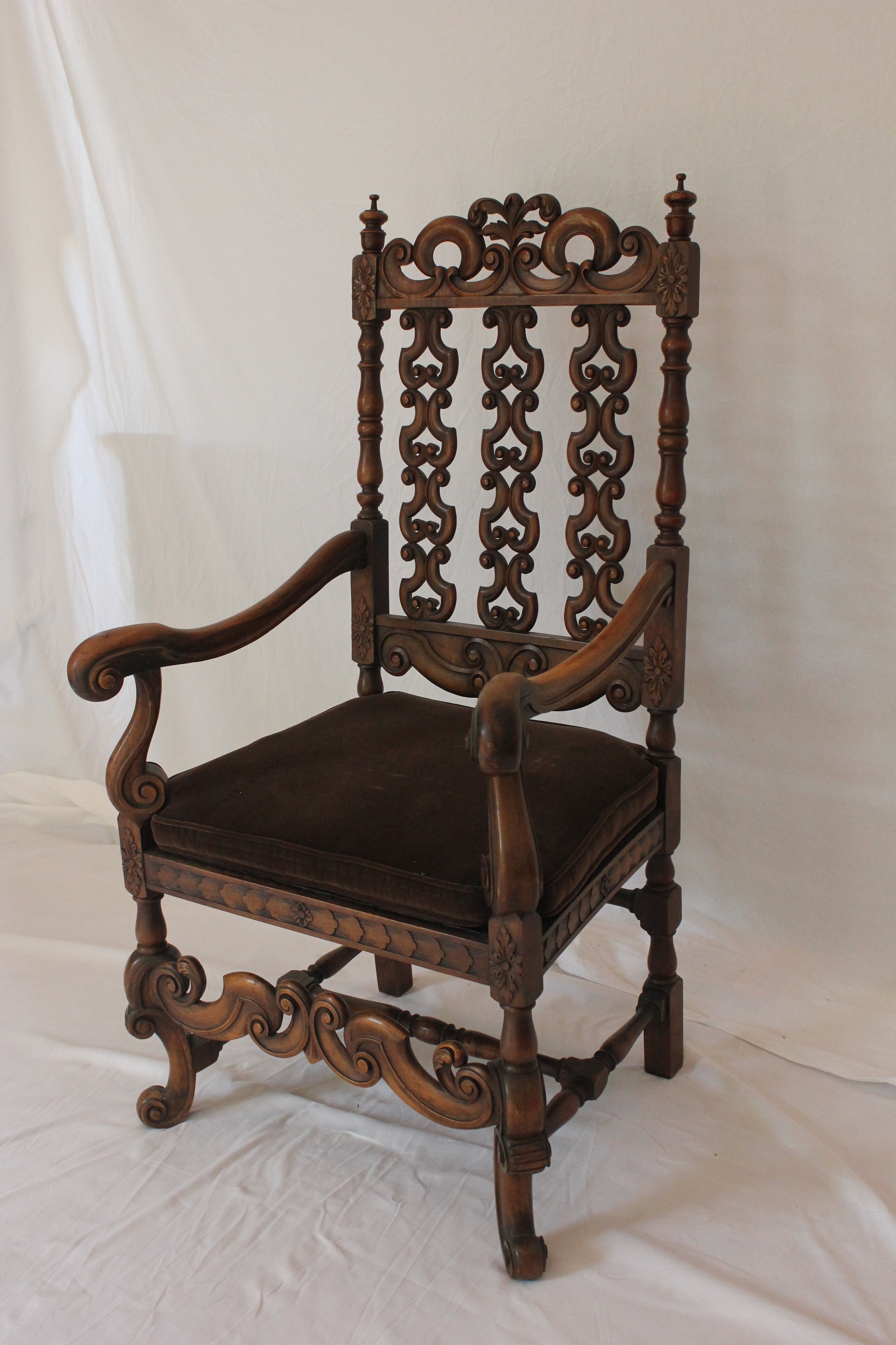 AF2-223: Antique Early 20th Century Heavily Carved Walnut Charles II Style Open Arm Chair