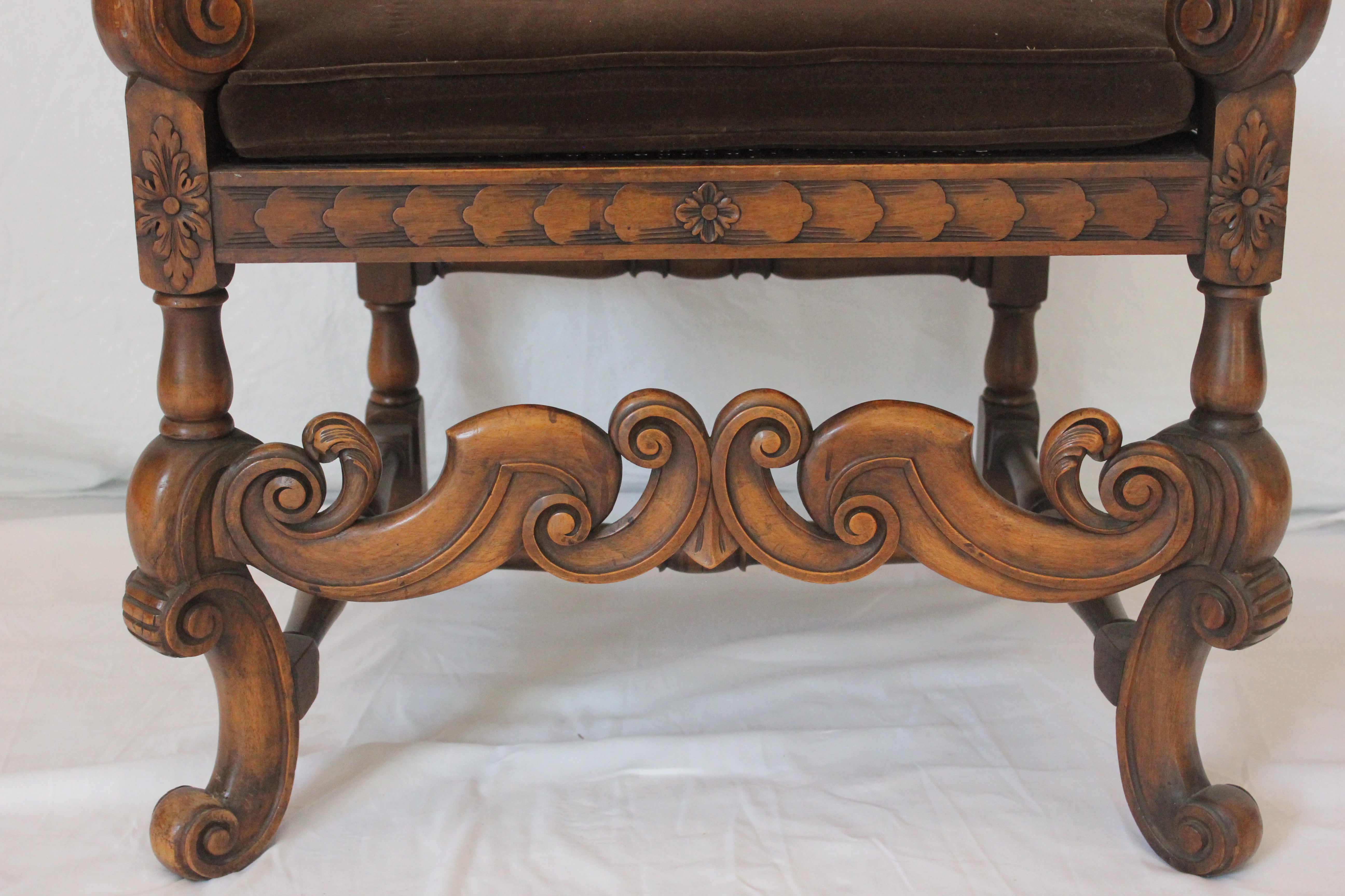 AF2-223: Antique Early 20th Century Heavily Carved Walnut Charles II Style Open Arm Chair