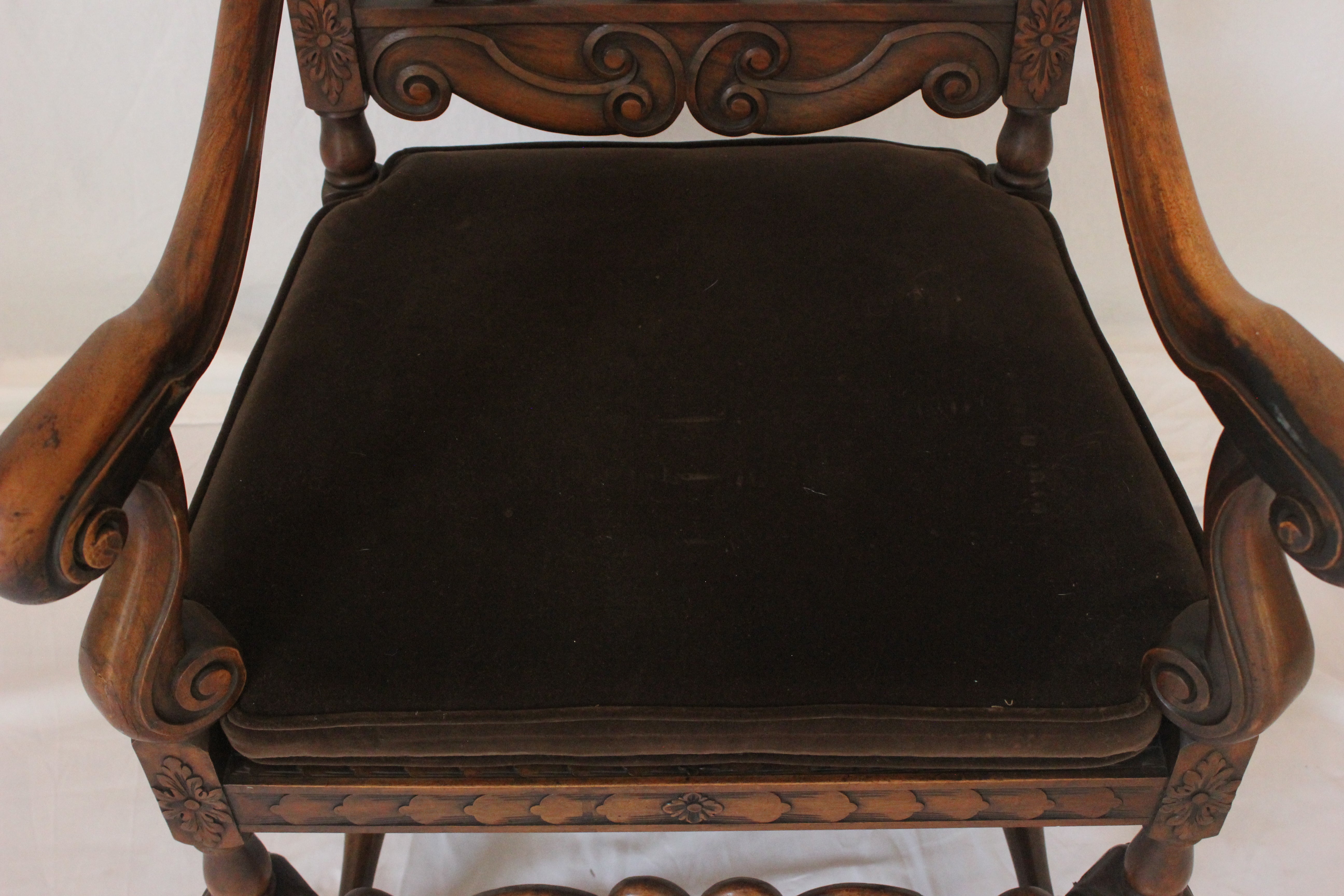 AF2-223: Antique Early 20th Century Heavily Carved Walnut Charles II Style Open Arm Chair