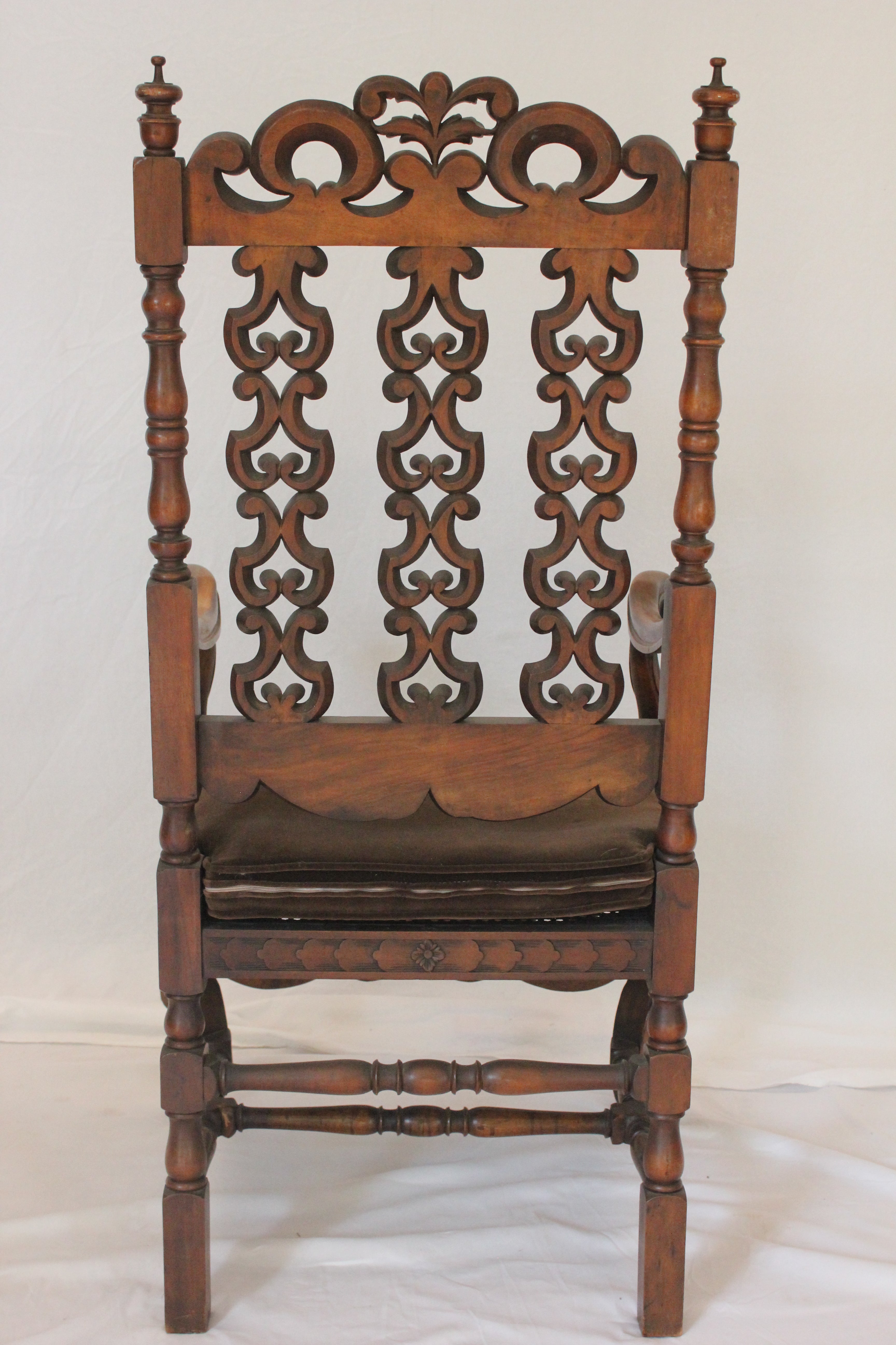 AF2-223: Antique Early 20th Century Heavily Carved Walnut Charles II Style Open Arm Chair