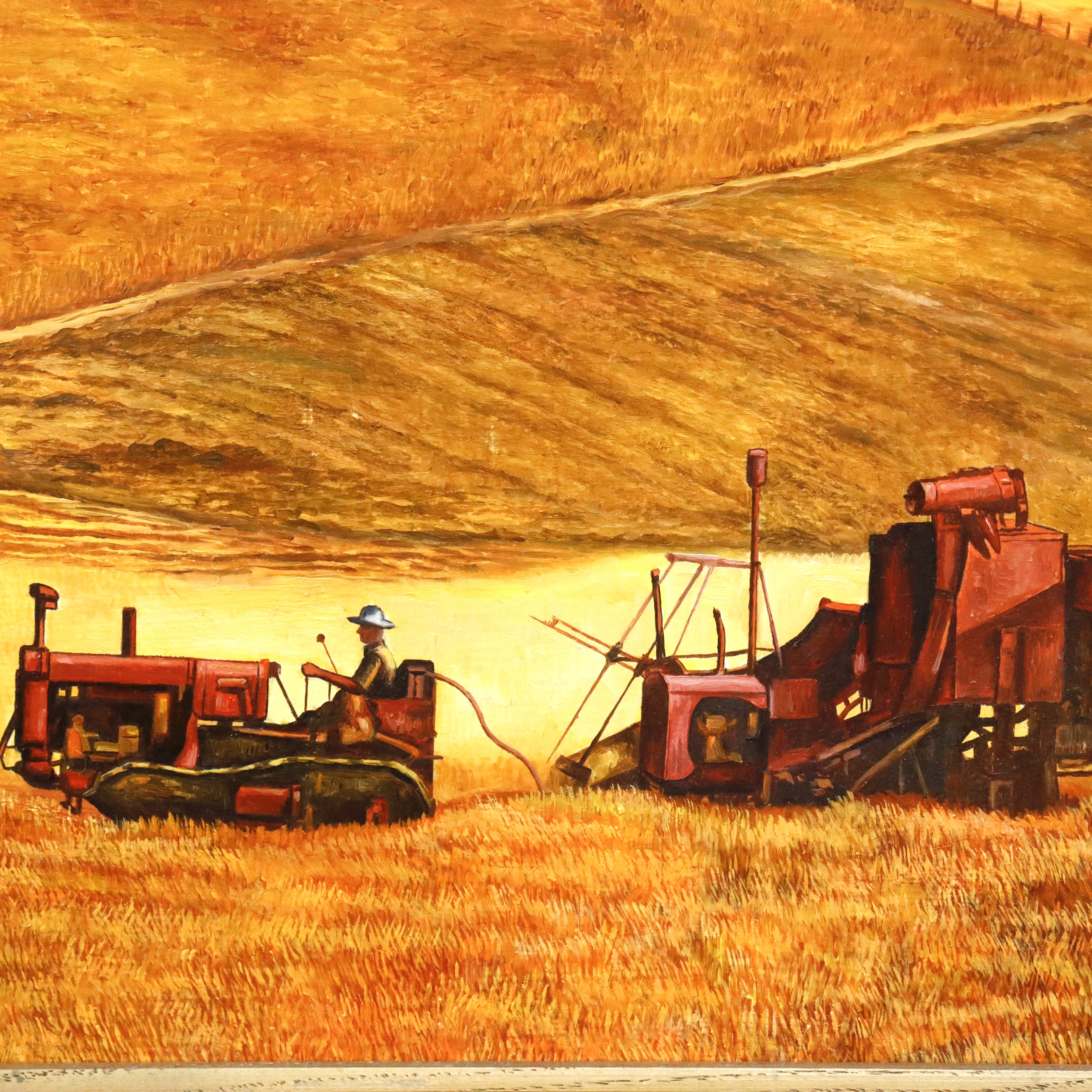 AW935: Edward Millman WPA 1930's Wheat Field Threshing Oil on Masonite Board Painting