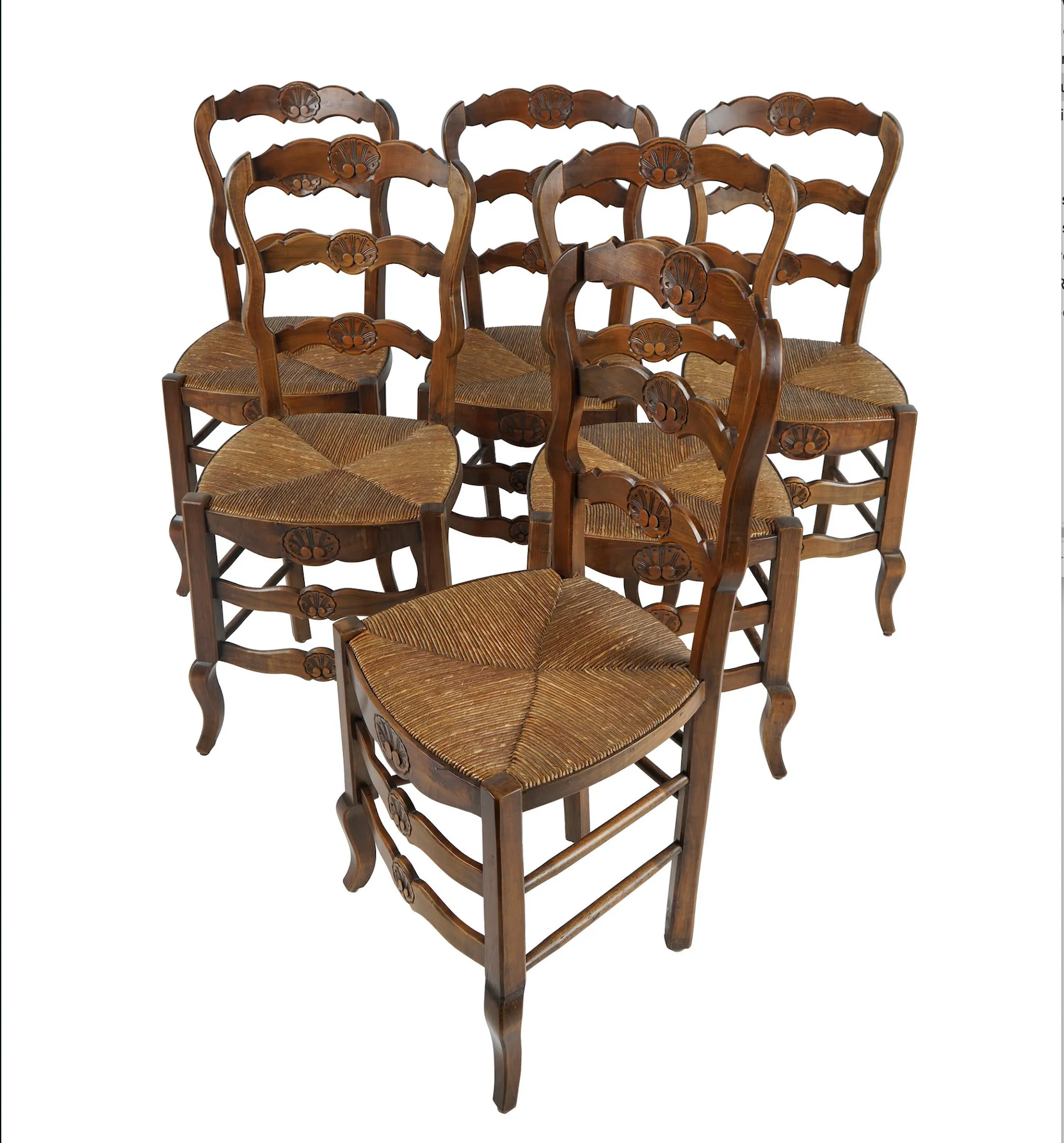 AF2-008: Antique Set of Six French Provincial Carved Beech Dining Chairs W/ Rush Seats Mid 19th C