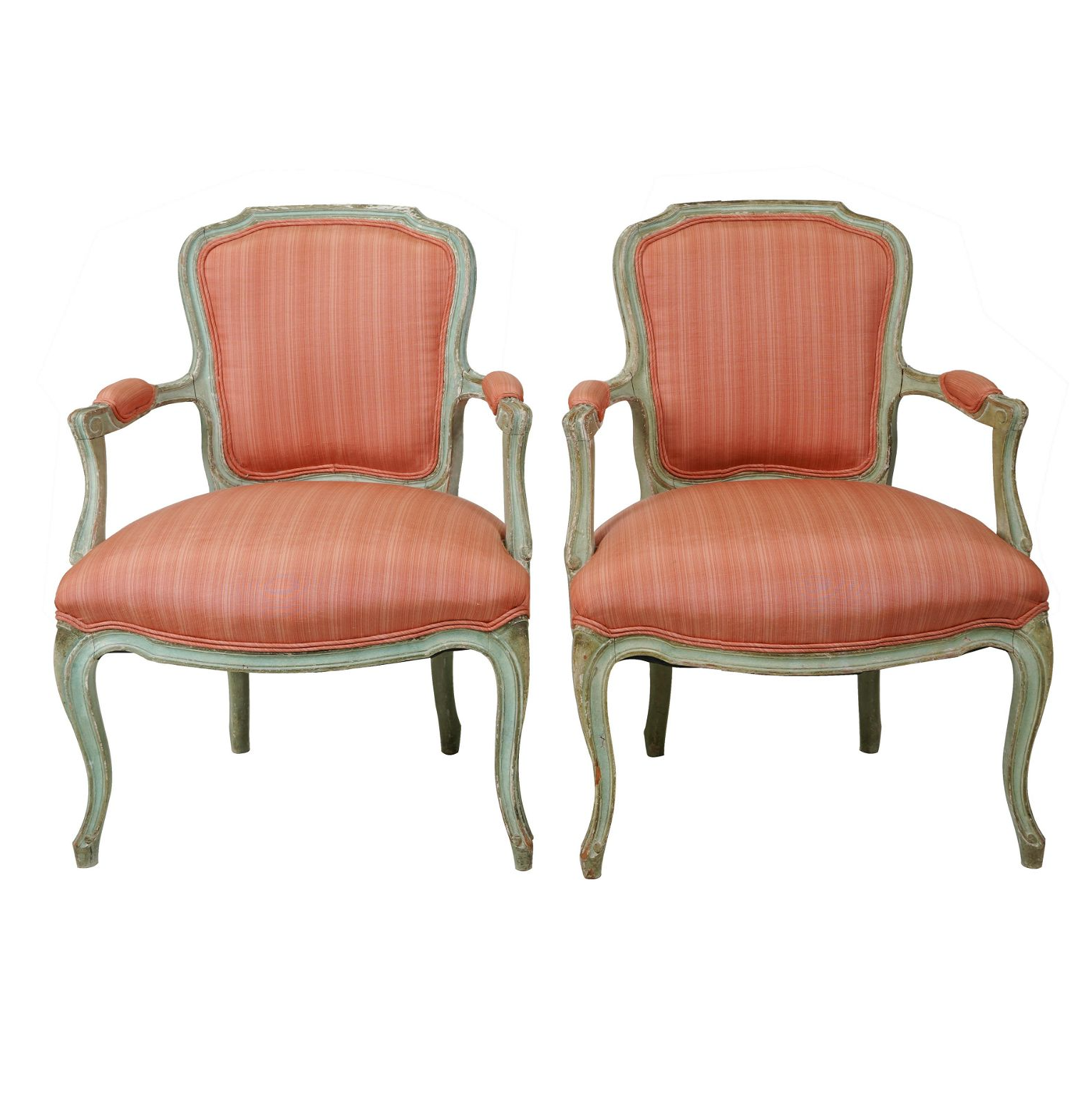 AF2-019: ANTIQUE PAIR OF LATE 19TH CENTURY PAINTED LOUIS XV STYLE FAUTEUILS