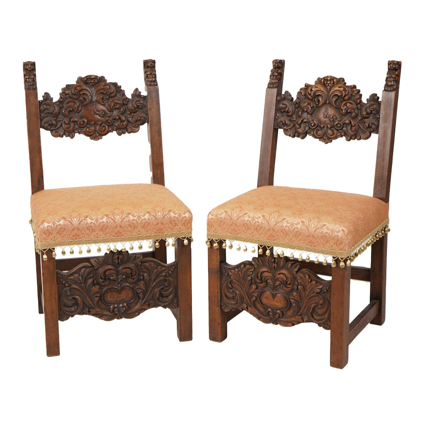 AF2-021: ANTIQUE PAIR OF MID 19TH CENTURY HIGHLY CARVED JACOBEAN WALNUT LOW SIDE CHAIRS