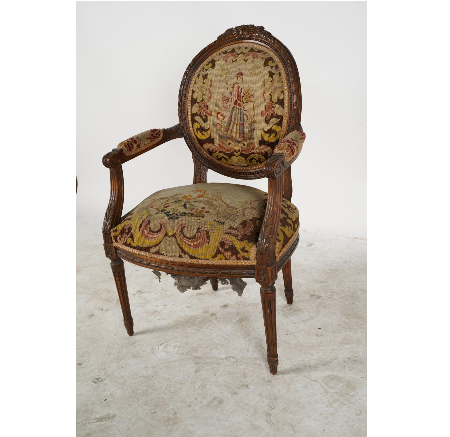 AF2-024: ANTIQUE LATE 19TH C LOUIS XVI STYLE BEECHWOOD FAUTEUIL W/ NEEDLEPOINT UPHOLSTERY