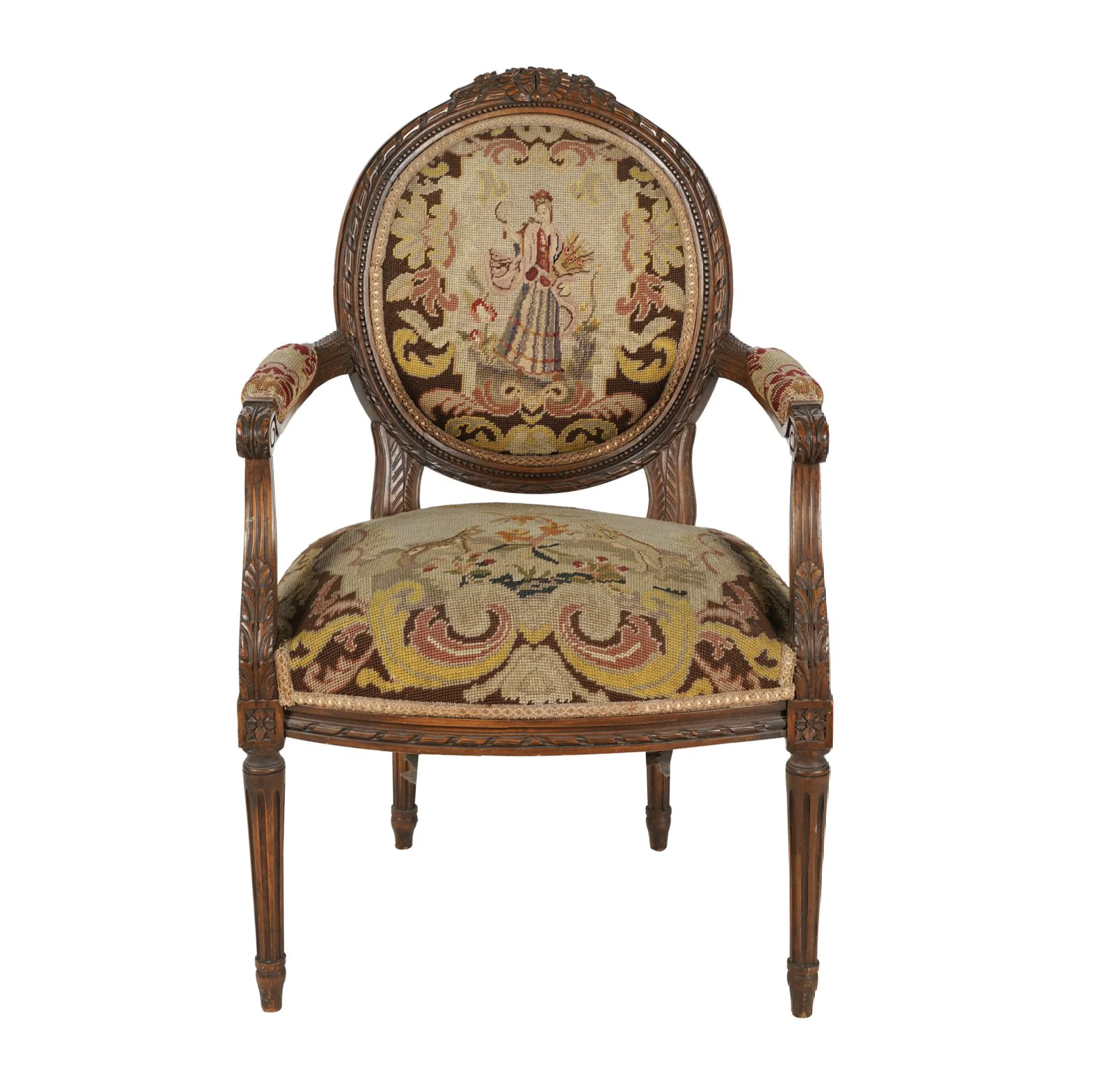 AF2-024: ANTIQUE LATE 19TH C LOUIS XVI STYLE BEECHWOOD FAUTEUIL W/ NEEDLEPOINT UPHOLSTERY