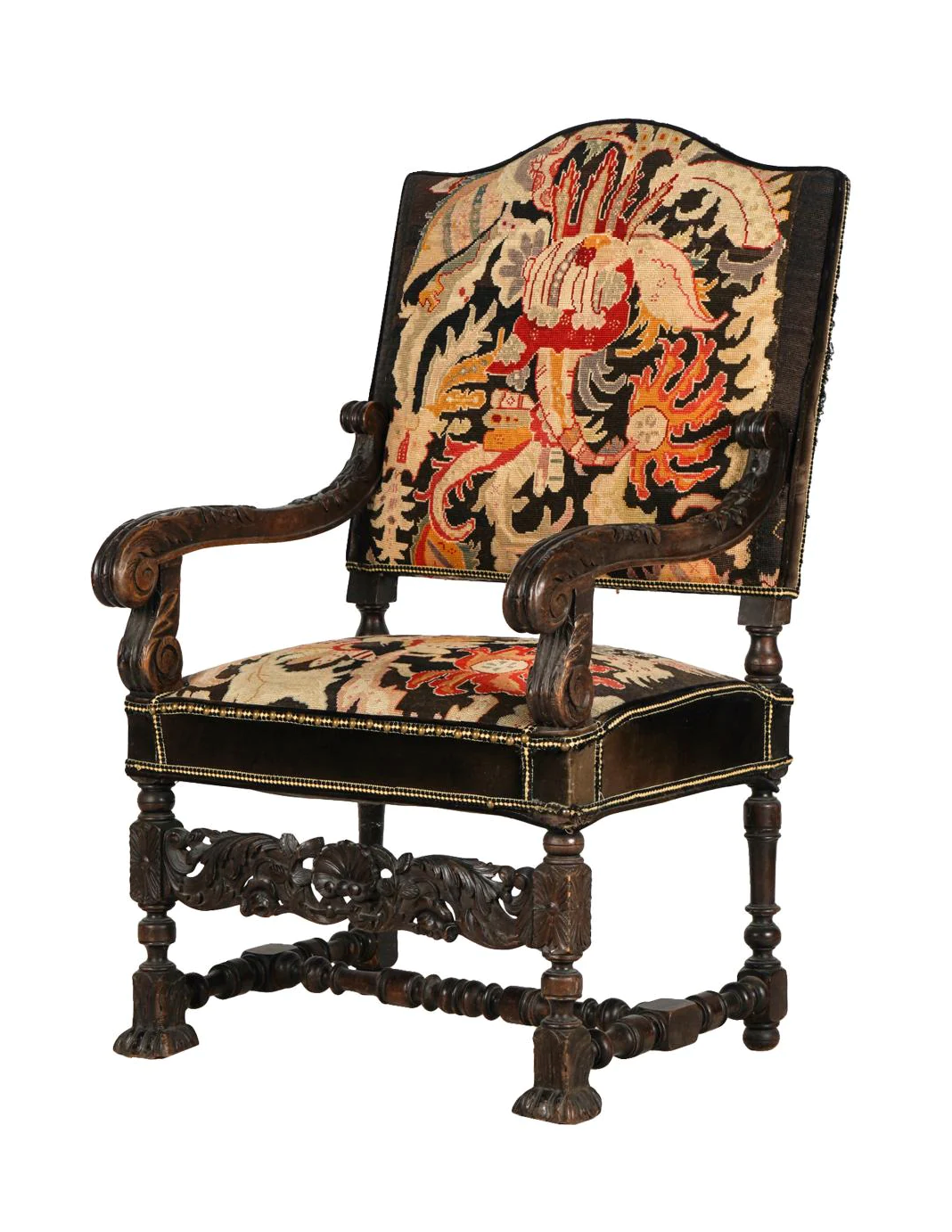 AF2-035: ANTIQUE LATE 19TH CENTURY SPANISH COLONIAL REVIVAL CARVED ARMCHAIR WITH NEEDLEPOINT UPHOLSTERY