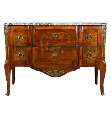 ANTIQUE LOUIS XV/XVI TRANSITIONAL MARQUETRY COMMODE | Work of Man