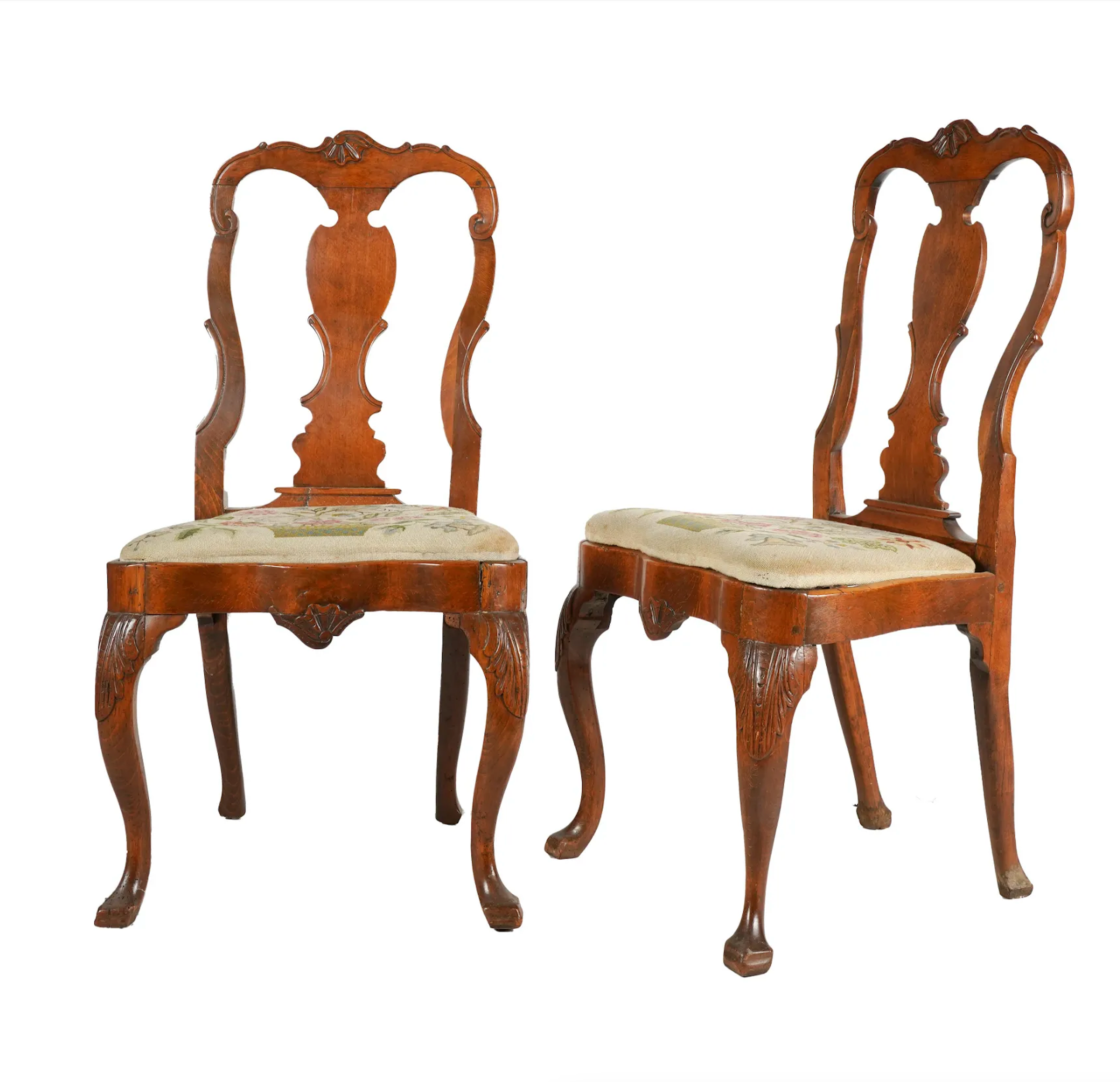 AF2-001: ANTIQUE PAIR OF MID TO LATE 18TH CENTURY ENGLISH QUEEN ANNE SIDE CHAIRS