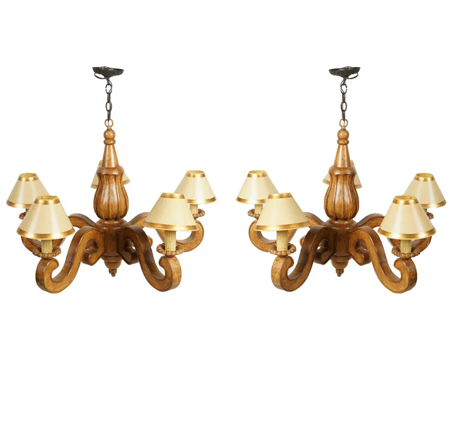 AL1-068:  Pair of Late 20th C Carved Wood 5 Light French Provincial Style Chandelier From the Larry Flynt Estate