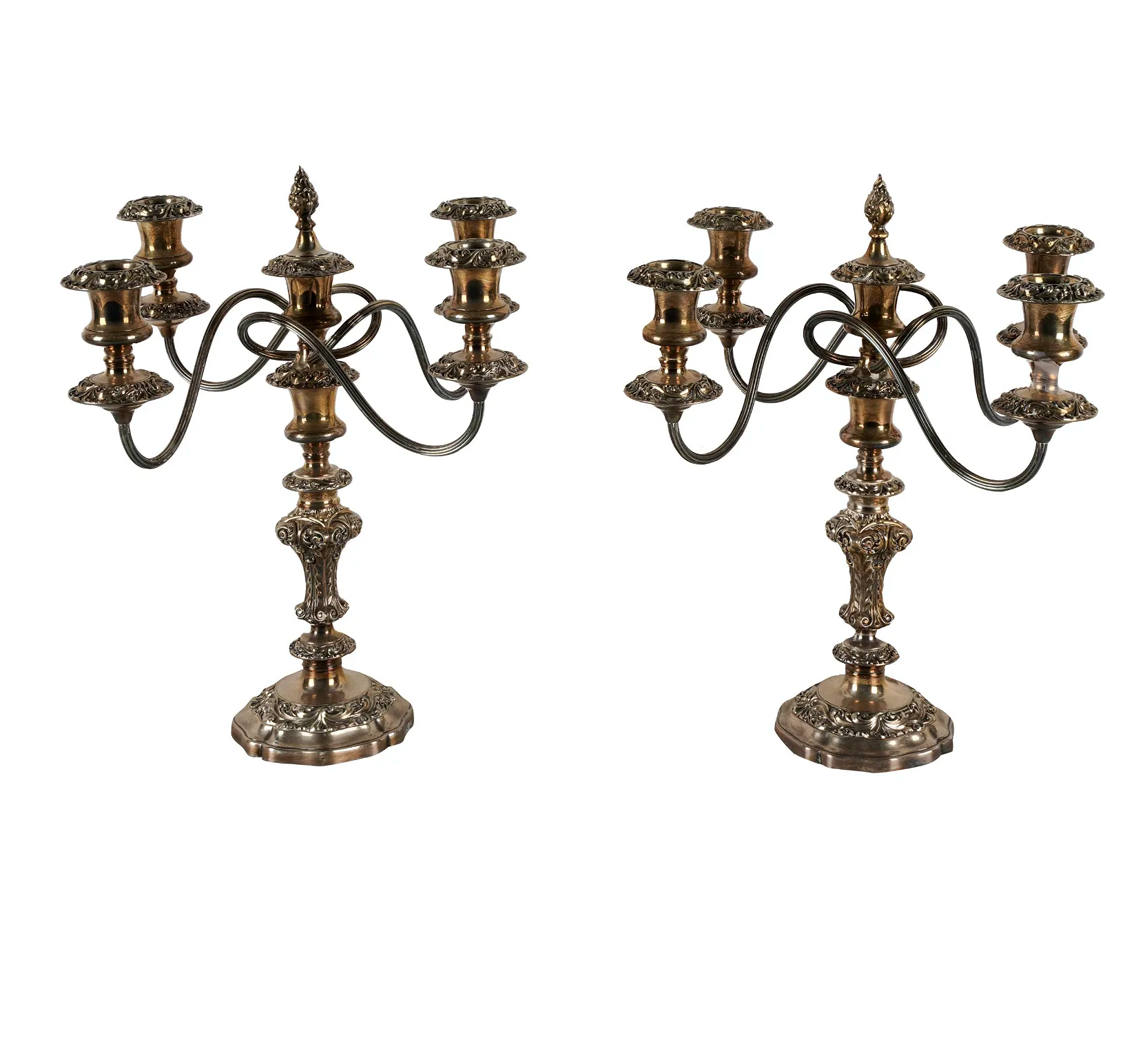 DA2-014: PAIR OF LATE 19TH CENTURY SHEFFIELD SILVER PLATE FIVE LIGHT CANDELABRA