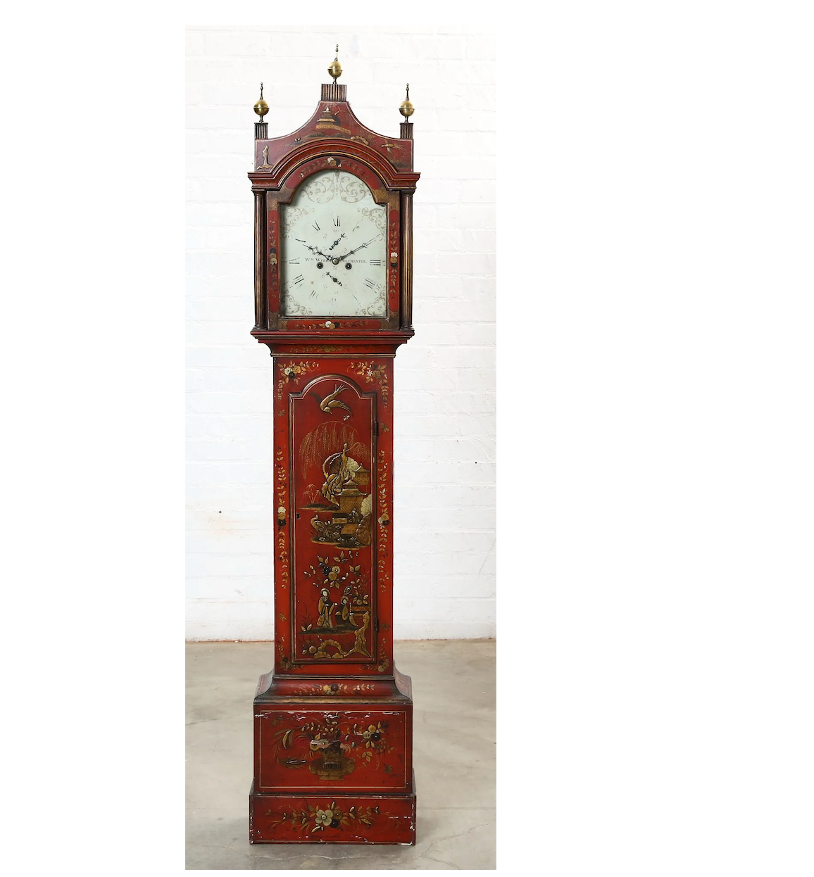 TK1-040: Early 19th Century English George II Red & Gilt Japanned Tall Case Clock - William Wire, Colchester