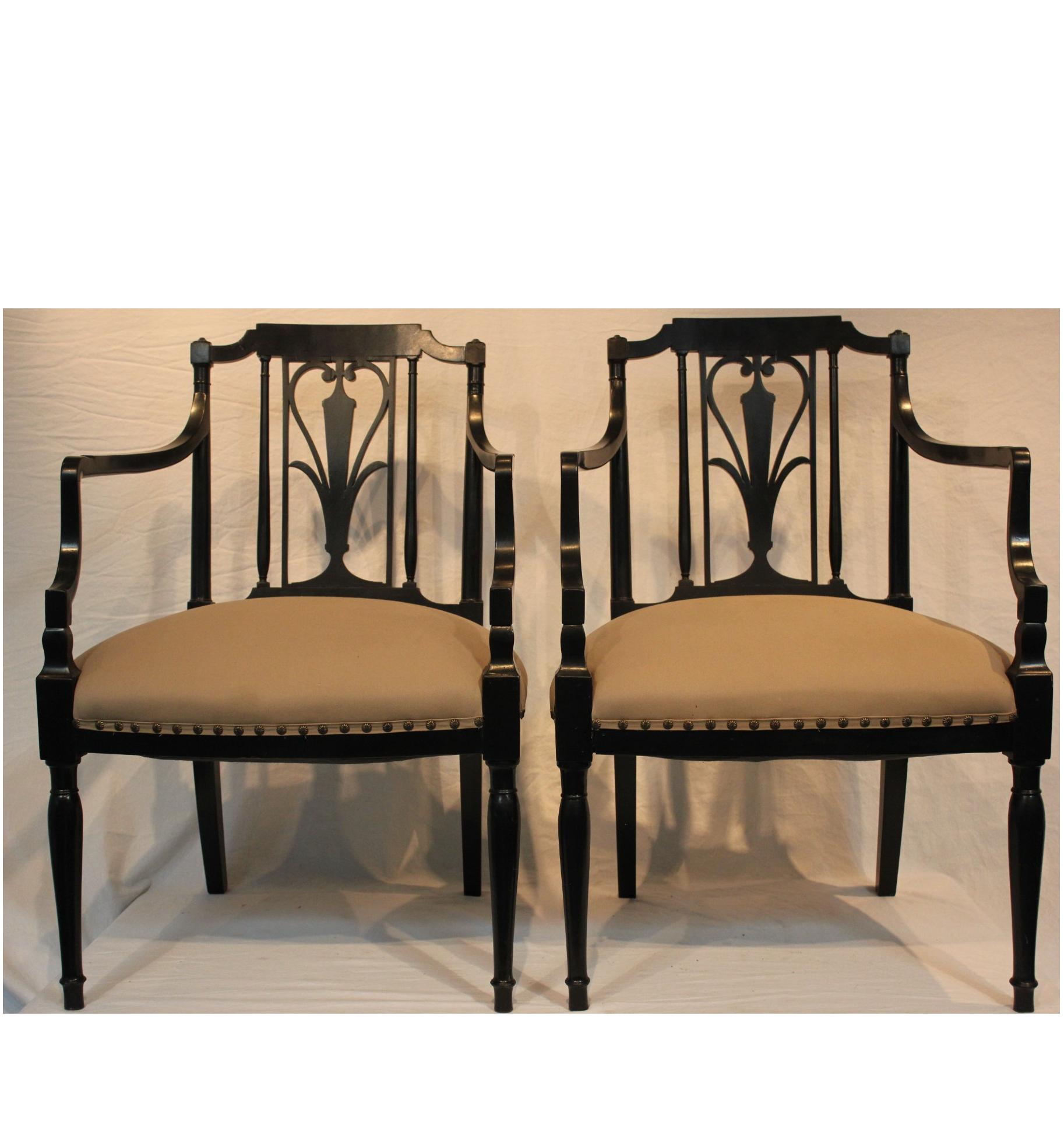 AF2-136 - Antique Pair of Early 20th Century French Directoire Style Black Lacquer Open Arm Chairs