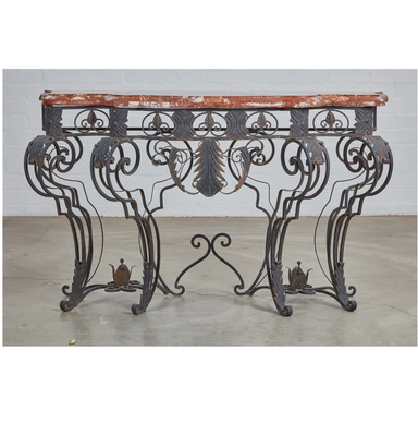 ANTIQUE FRENCH LOUIS XIV WROUGHT IRON CONSOLE W/ ROUGE MARBLE TOP | Work of Man