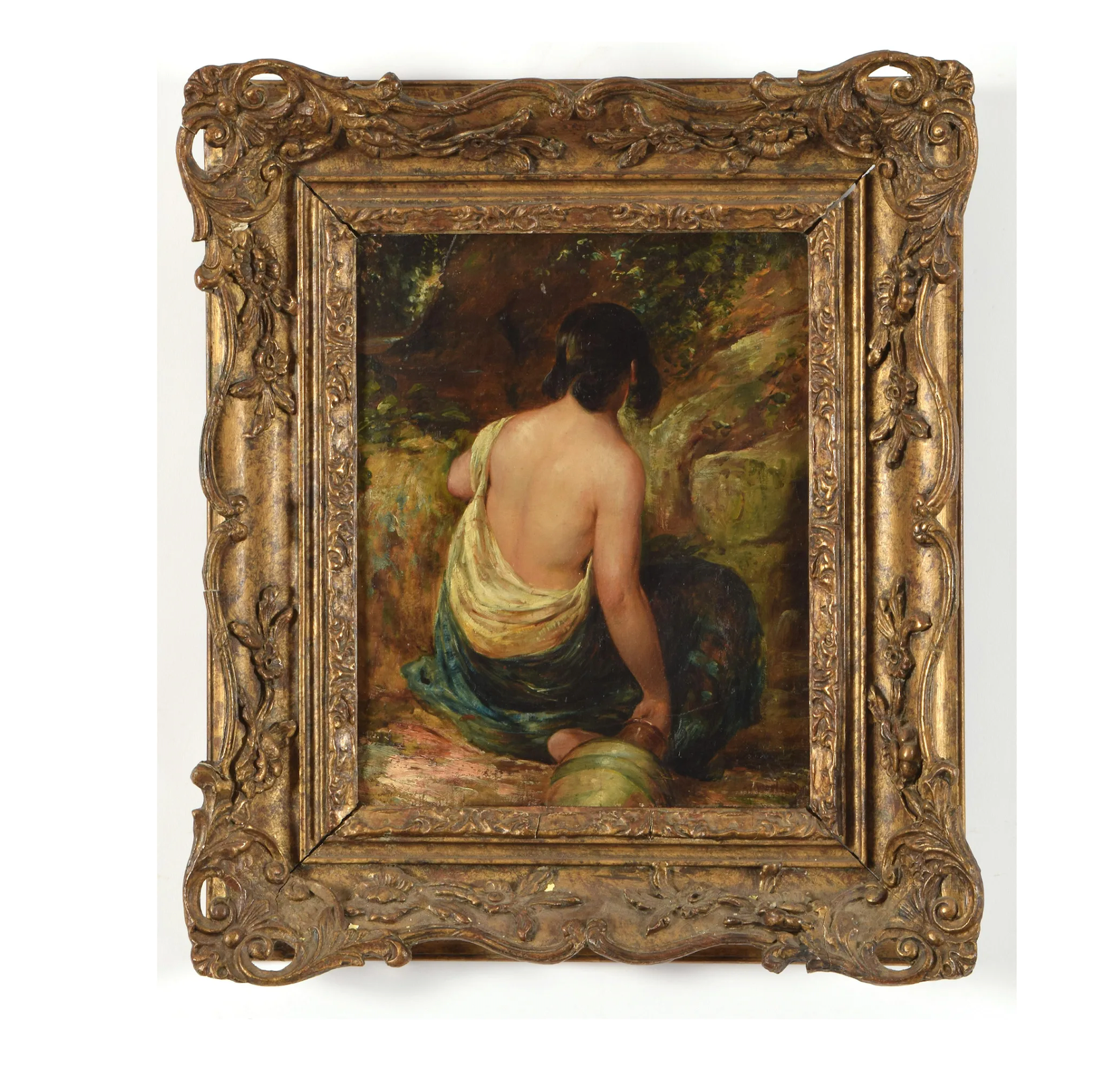 AW605: : Mid 19th C European School -Oil on Canvas - Genre Scene Woman at Well