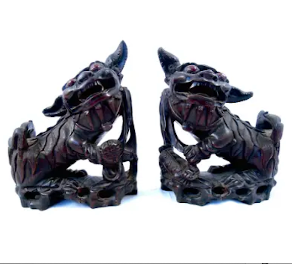 DA1-100: Pair of Early 20th Century Carved Wood Foo Dogs