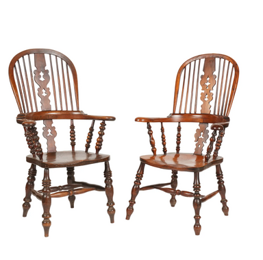 Pair of Antique Early - Mid 19th Century Yew Wood & Elm American Sack Back Windsor Armchairs | Work of Man