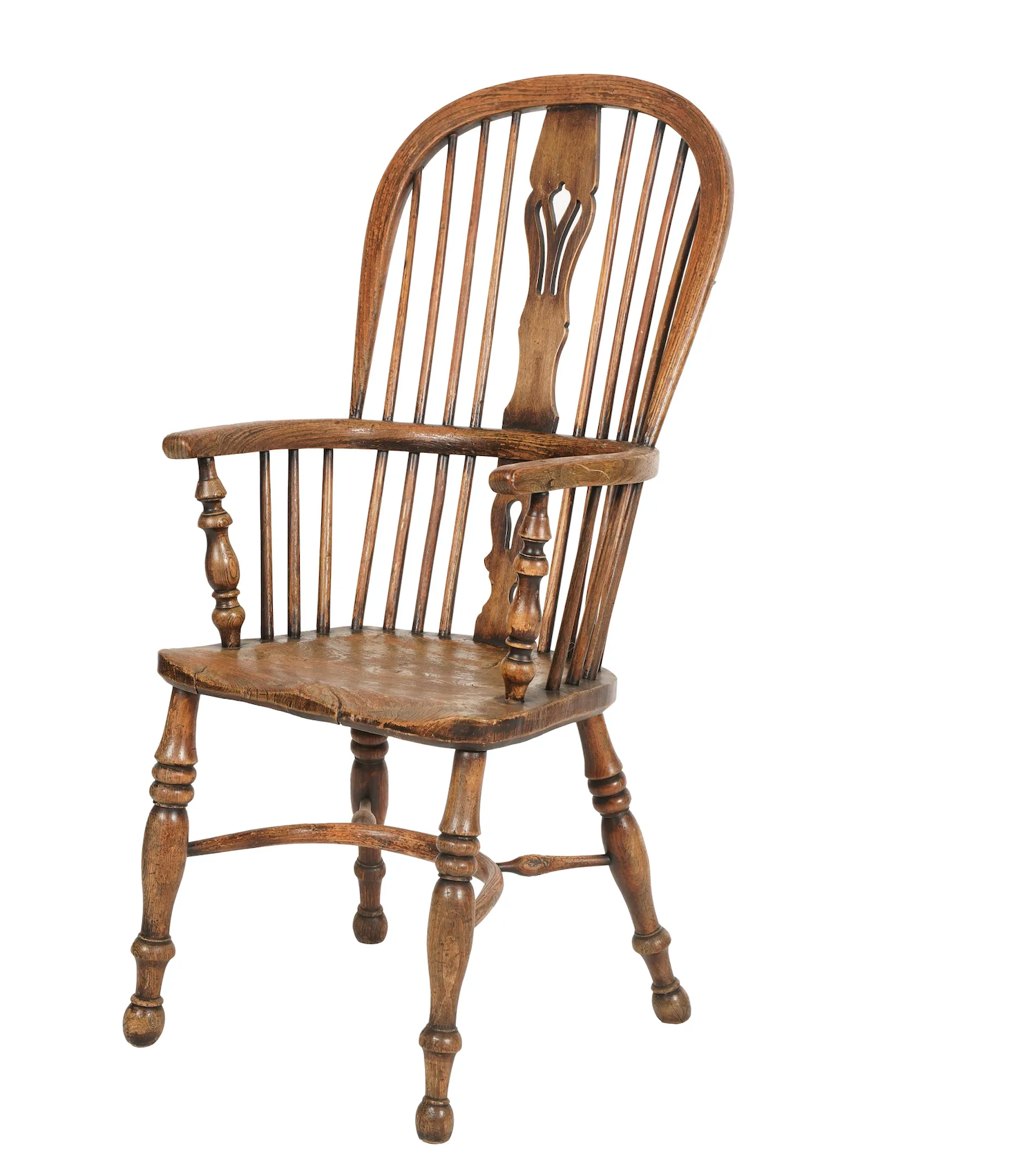 AF2-335: Antique Early 20th Century Pine English Fiddleback Windsor Armchair