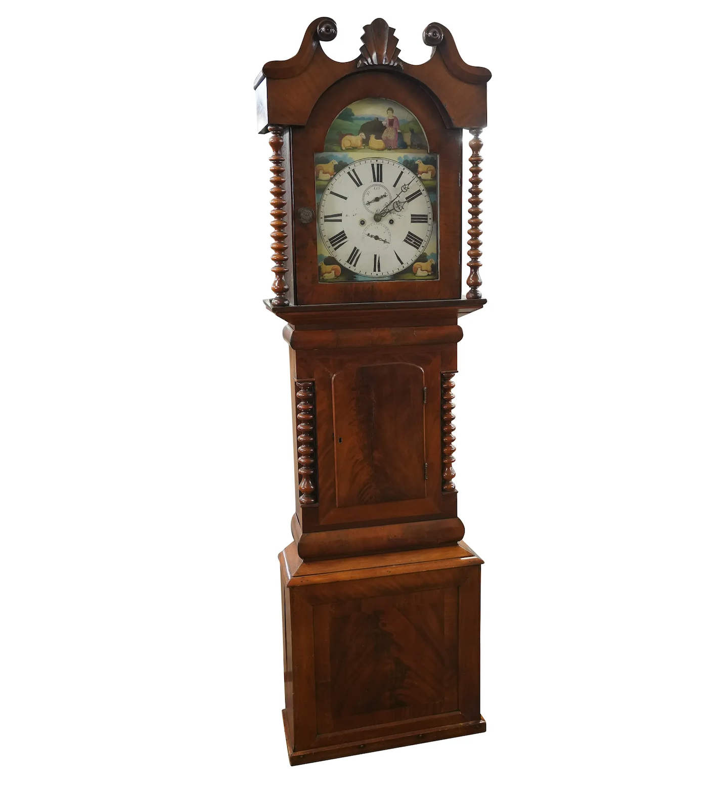 TK1-030: Mid 18th Century English Mahogany Tall Case  Clock w/ Hand Painted Dial