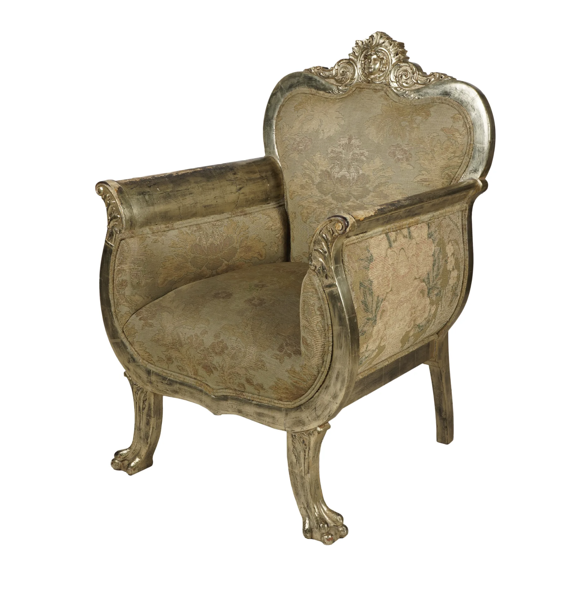 AF2-034: Antique Mid 19th Century French Rococo Revival Upholstered Silver Leaf Carved Arm Chair