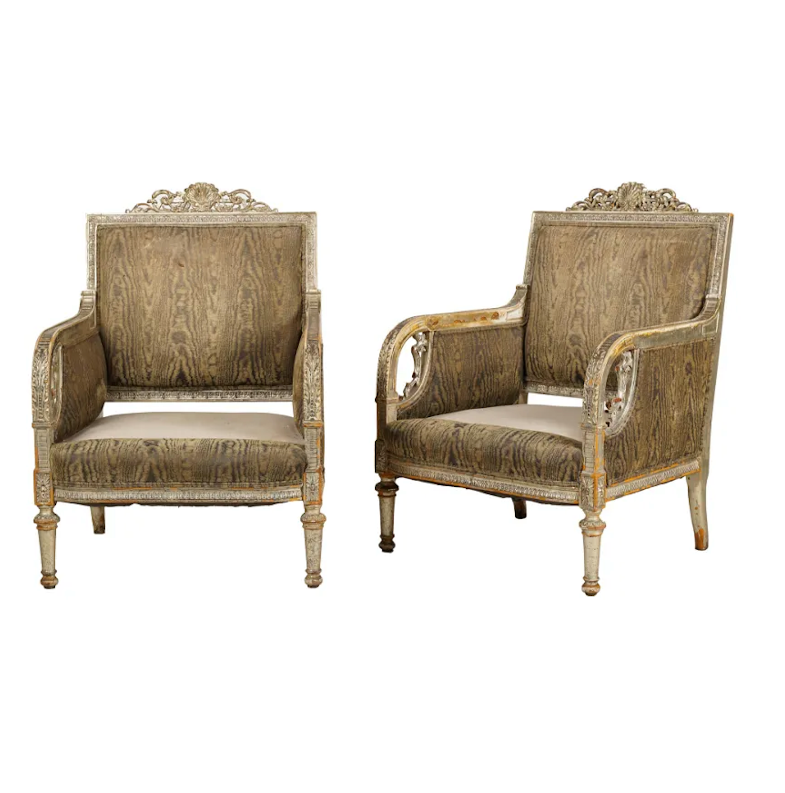 AF2-043: Antique Late 19th Century Louis XVI Silver Leafed Carved Upholstered Settee