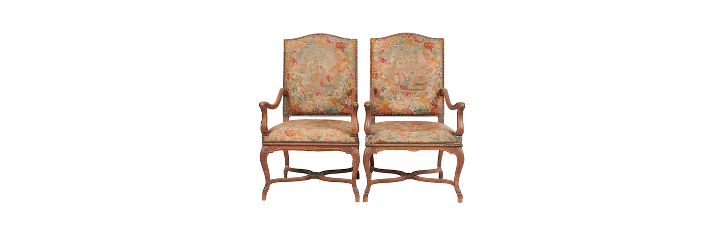 AF2-003: ANTIQUE PAIR OF LATE 19TH C FRENCH LOUIS XV STYLE CARVED FRUITWOOD FAUTEUILS