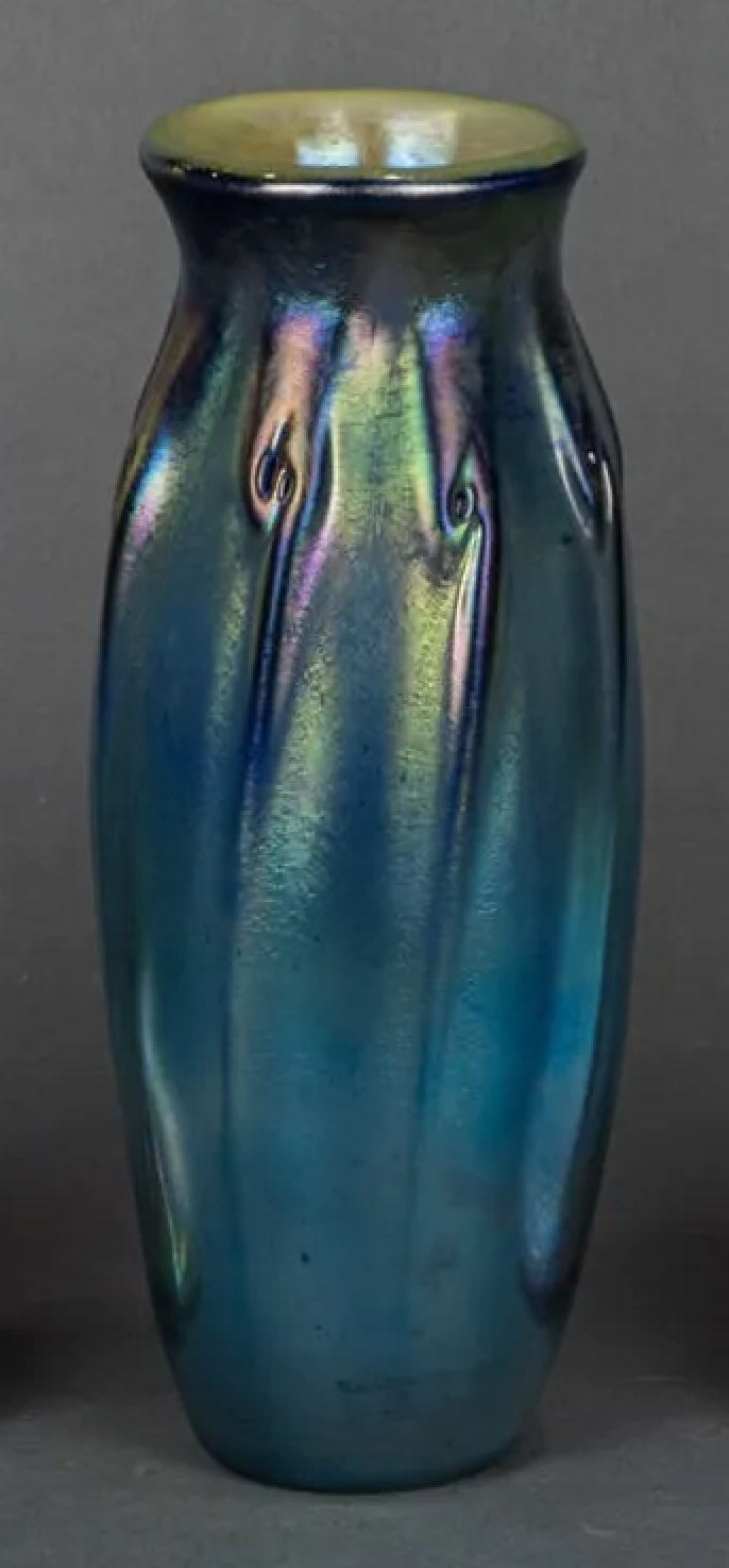 DA4-017: Chris Funk Blue Iridescent Art Glass Vase, Signed