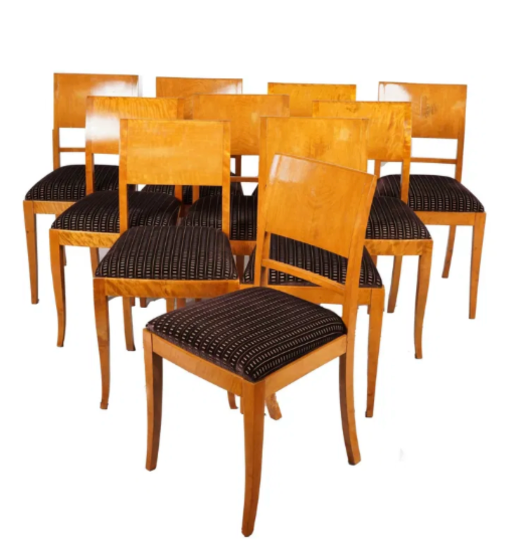 AF2-605: Assembled Set of Ten 1930's Birch French Art Deco Moderne Dining Chairs