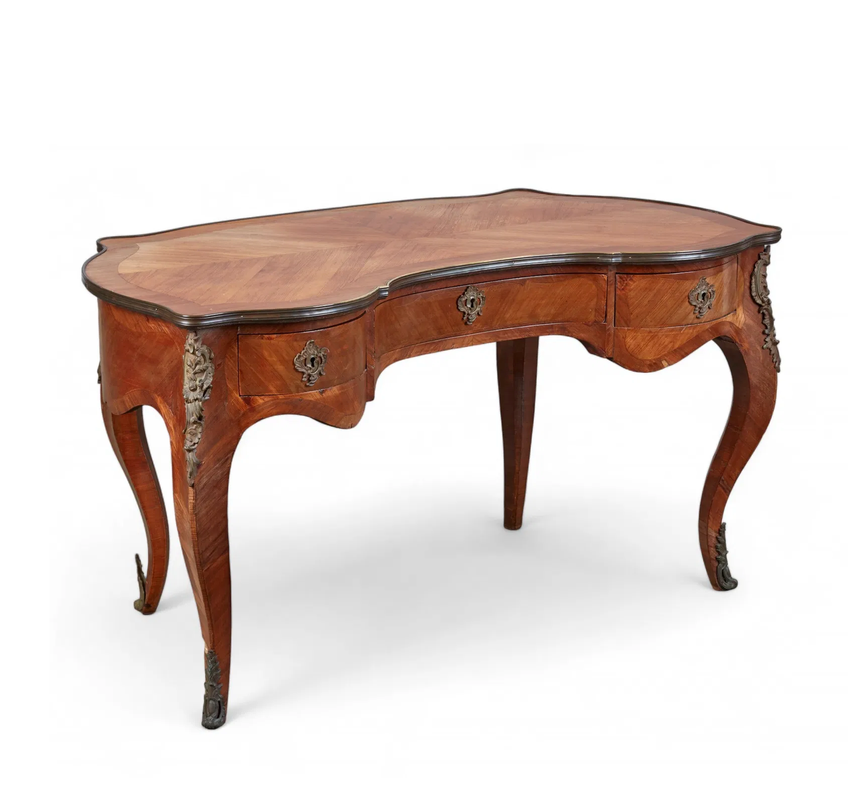 AF5-034: Antique Circa 1900 Louis XV Kingwood Parquetry Bureau a Rognon With Gilt Bronze Mounts