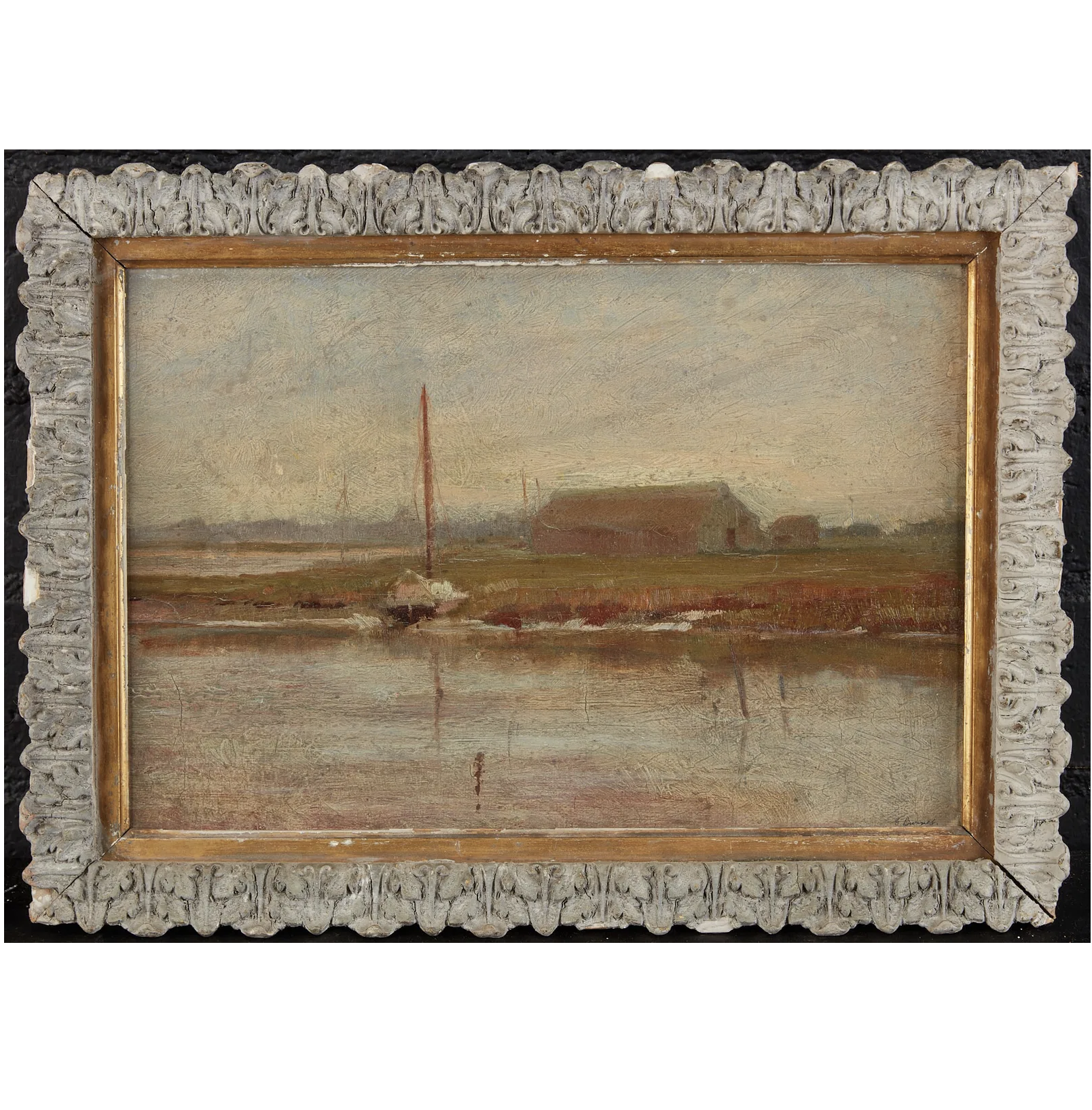 aw660: Late 19th Century American School Oil on Board Impressionist Painting of Sailboat Moored on a River Bank