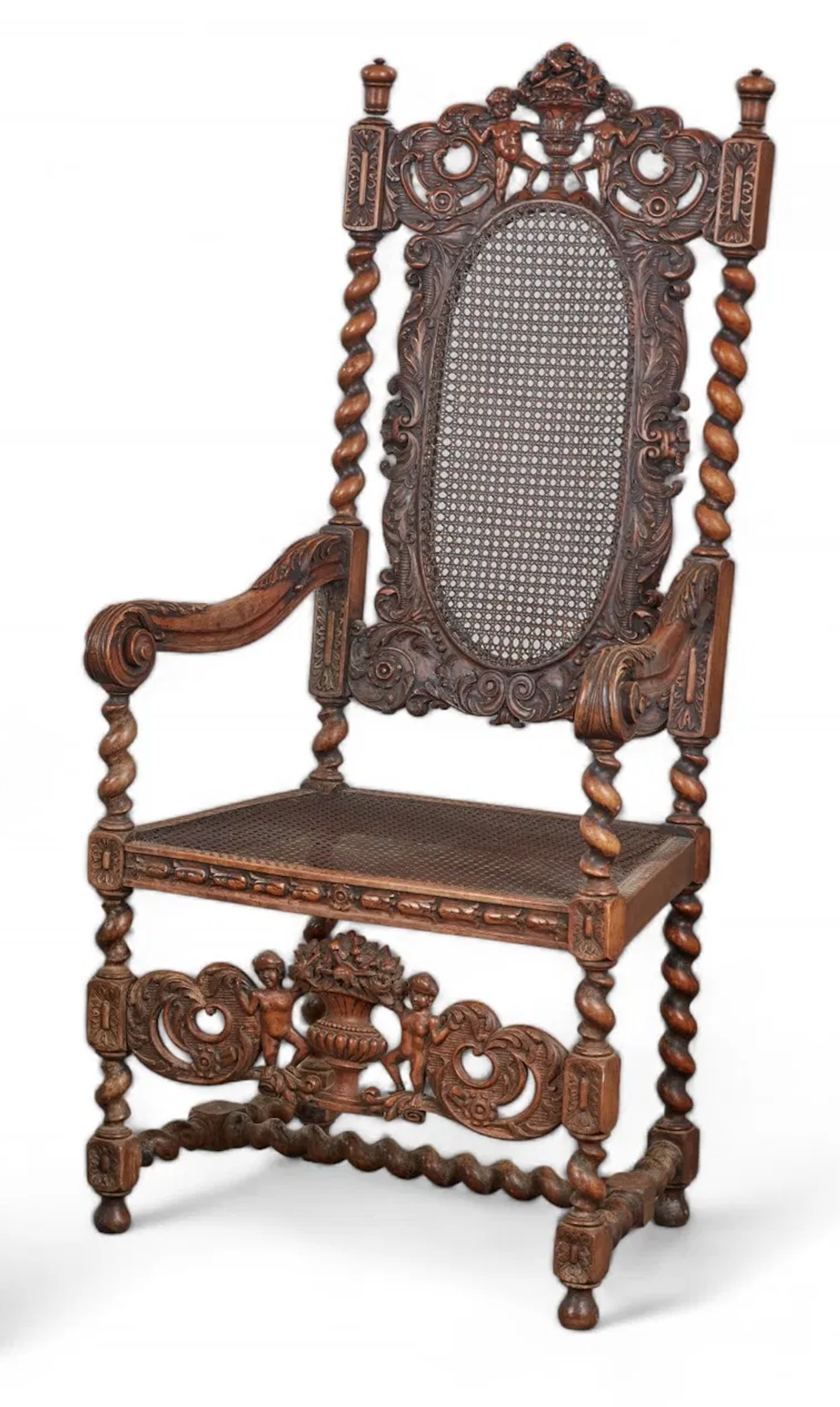 AF2-427: Antique 18th Century Jacobean Baroque Carved Walnut Arm Chair With Caned Seat & Back