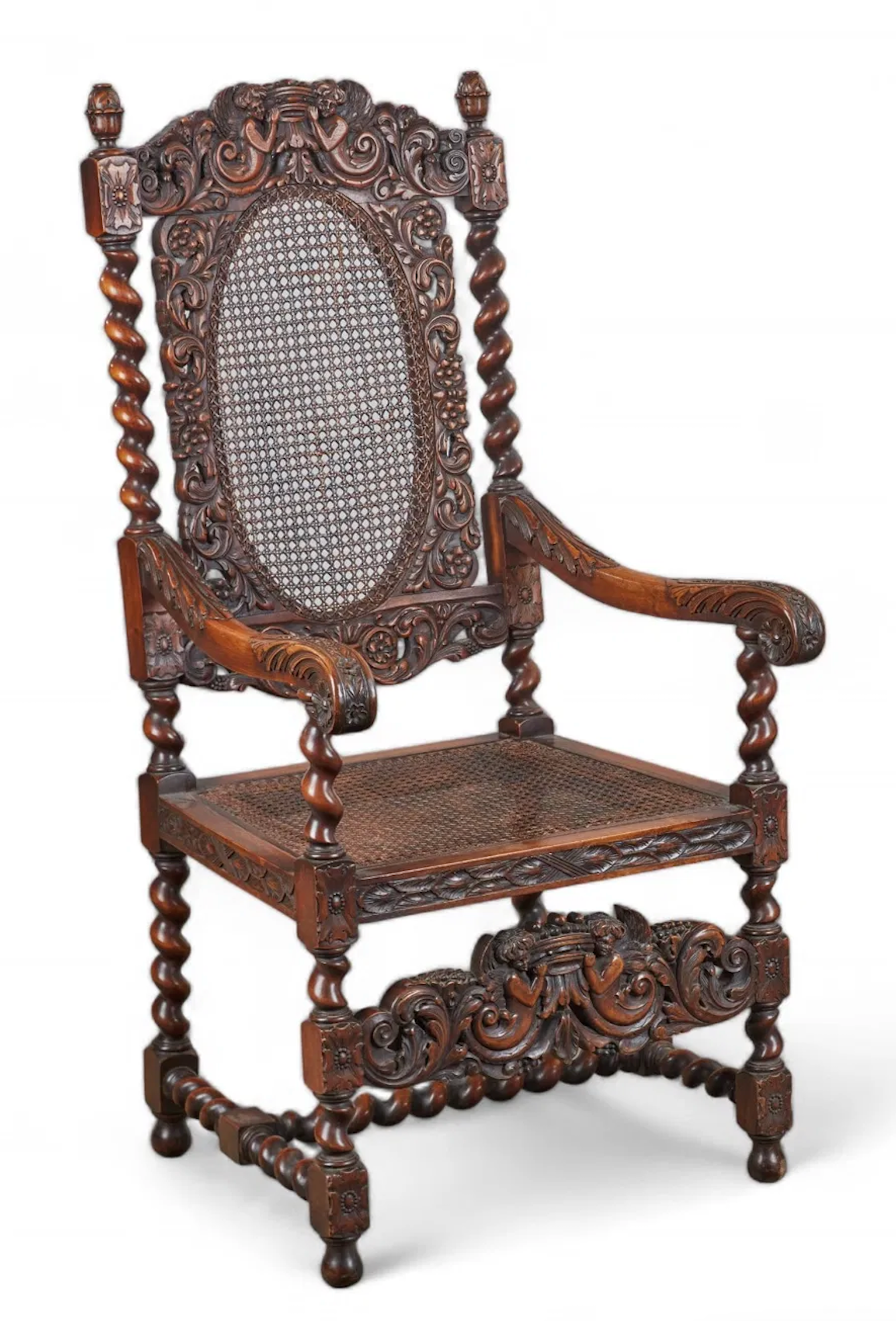 AF2-426: Antique 18th Century Jacobean Baroque Carved Walnut Arm Chair With Caned Seat & Back