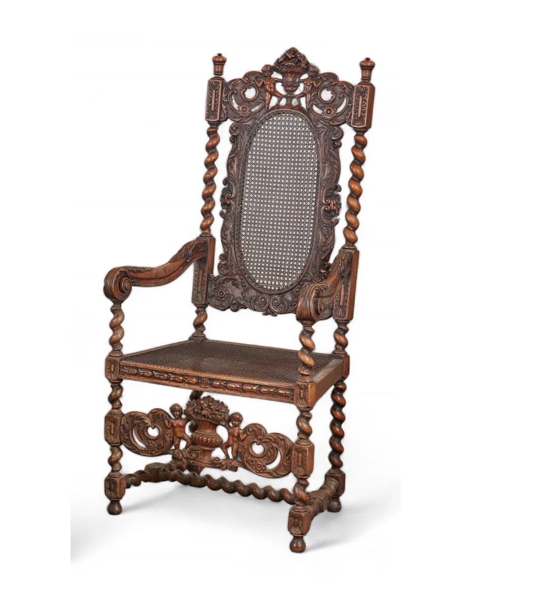 AF2-427: Antique 18th Century Jacobean Baroque Carved Walnut Arm Chair With Caned Seat & Back