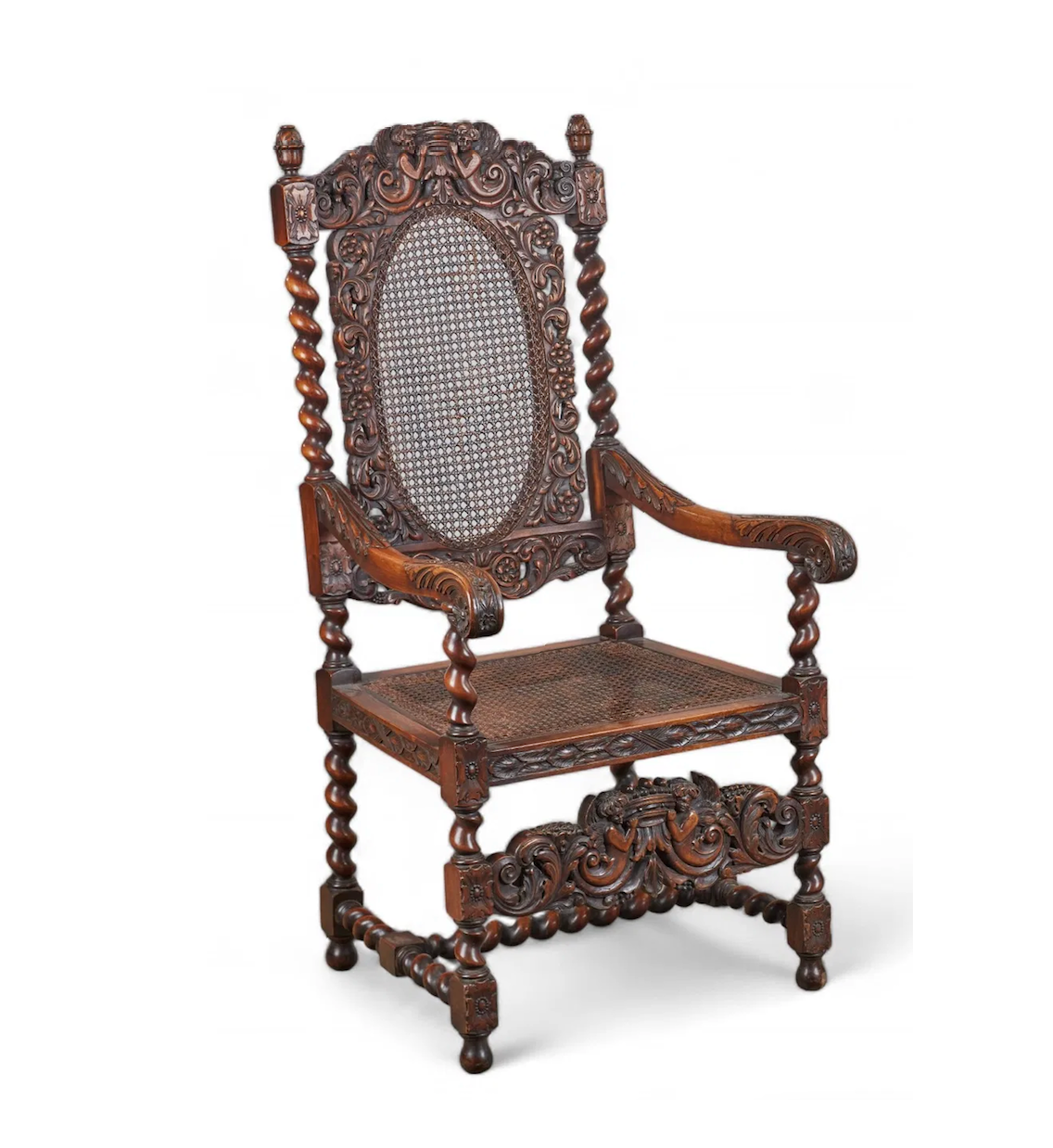 AF2-426: Antique 18th Century Jacobean Baroque Carved Walnut Arm Chair With Caned Seat & Back