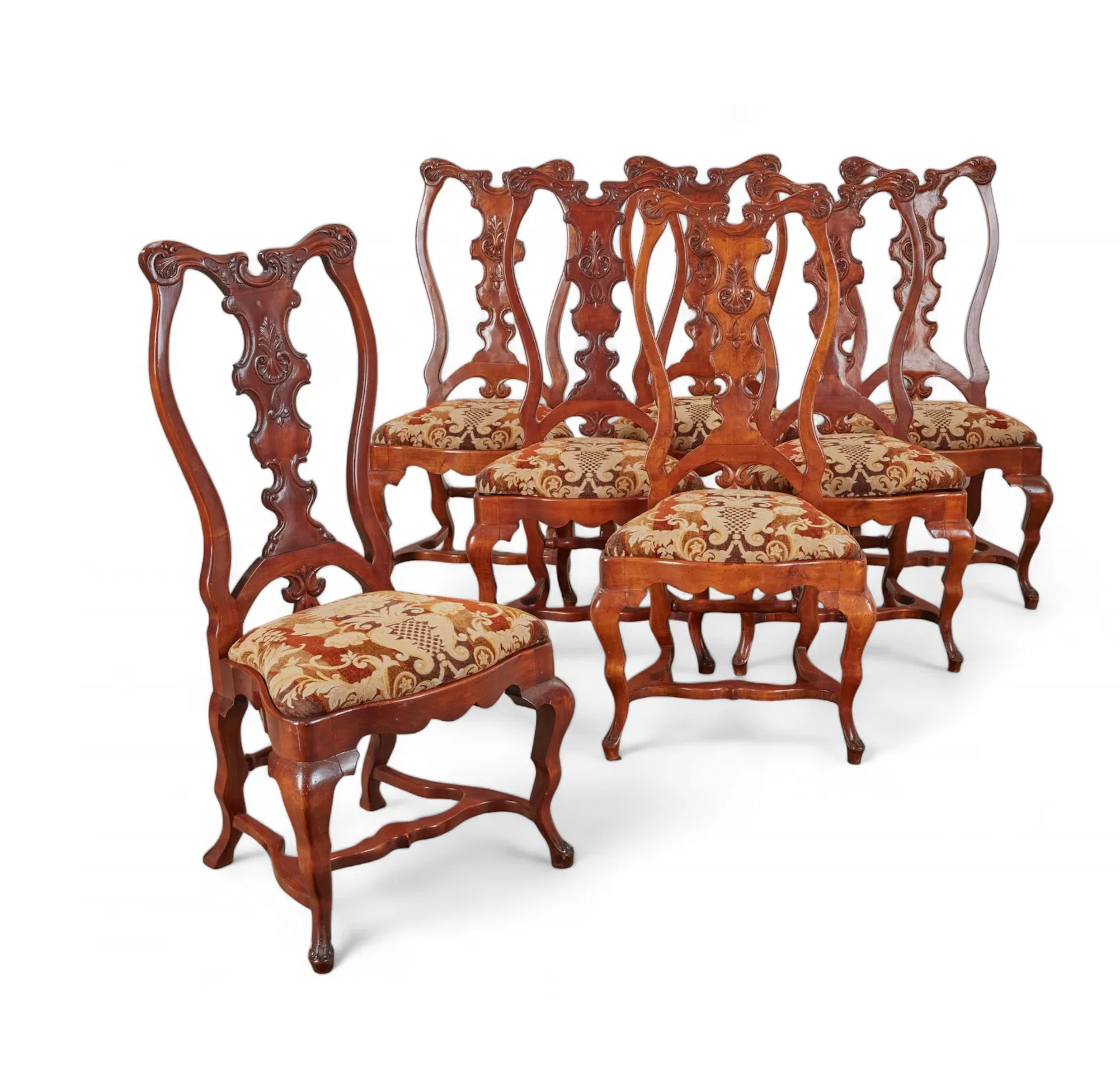 AF2-045: Late 20th Century Portuguese Baroque Yew Wood Dining Chairs (Set of 7)