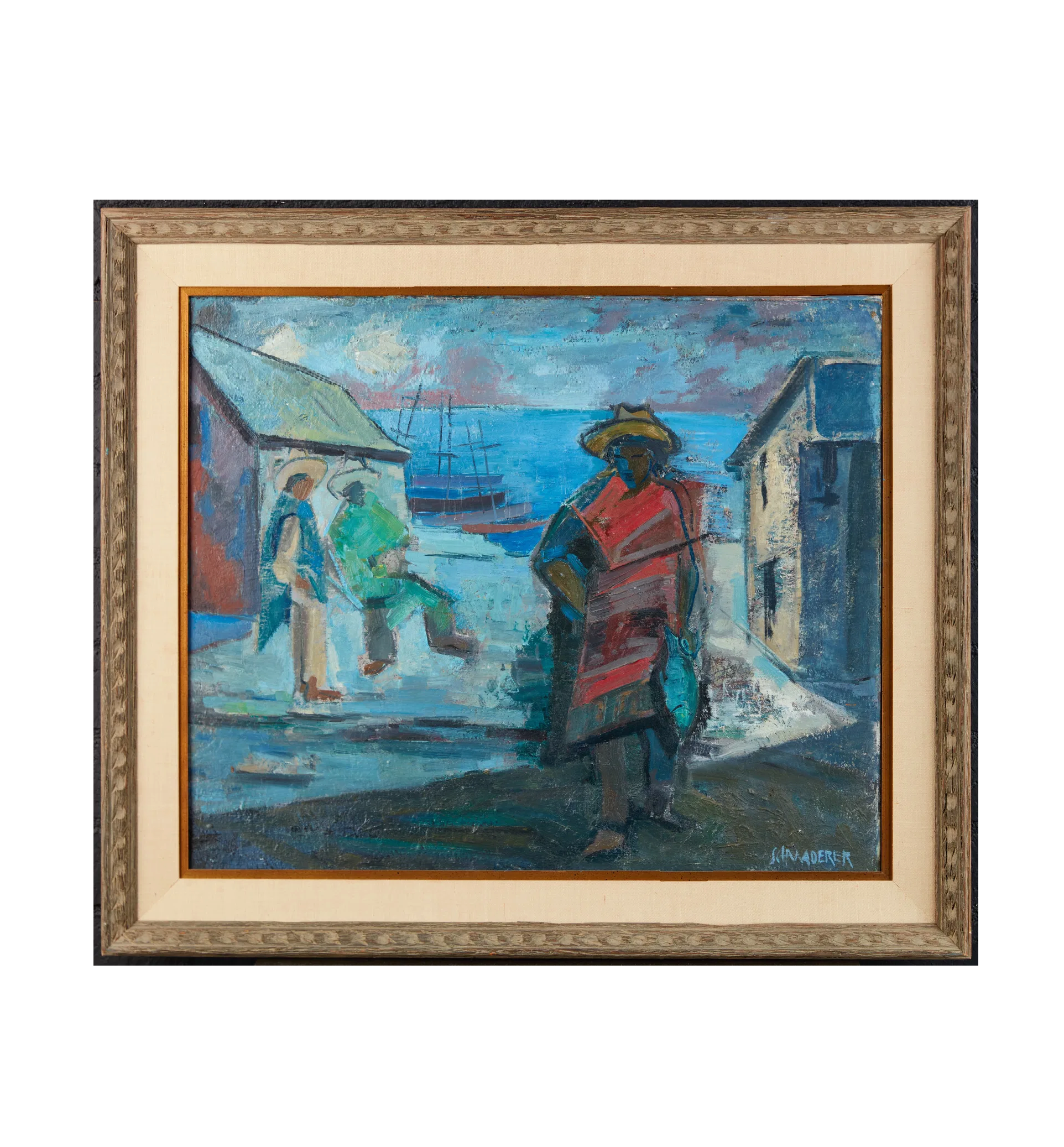 AW745: Fritz Schwaderer "Men on Dock" Expressionist Oil on Board Circa 1960's