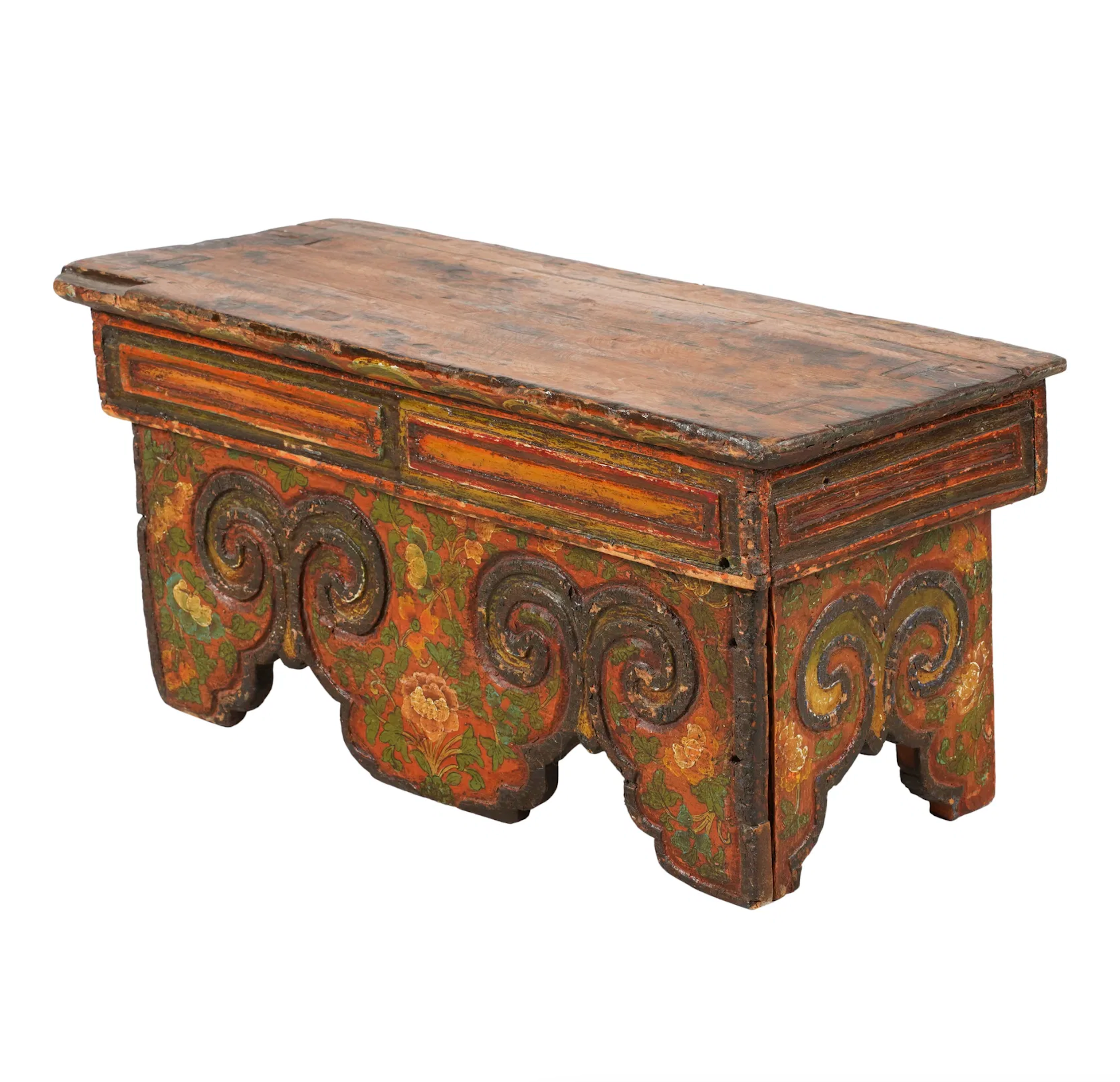 AF1-104: Antique Early 19th Century Tibetan Buddhist Polychrome Folding Wood Prayer Table