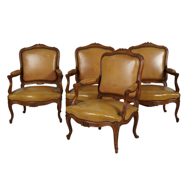 Pair Leather French Provincial Fruitwood Fauteuils | Work of Man