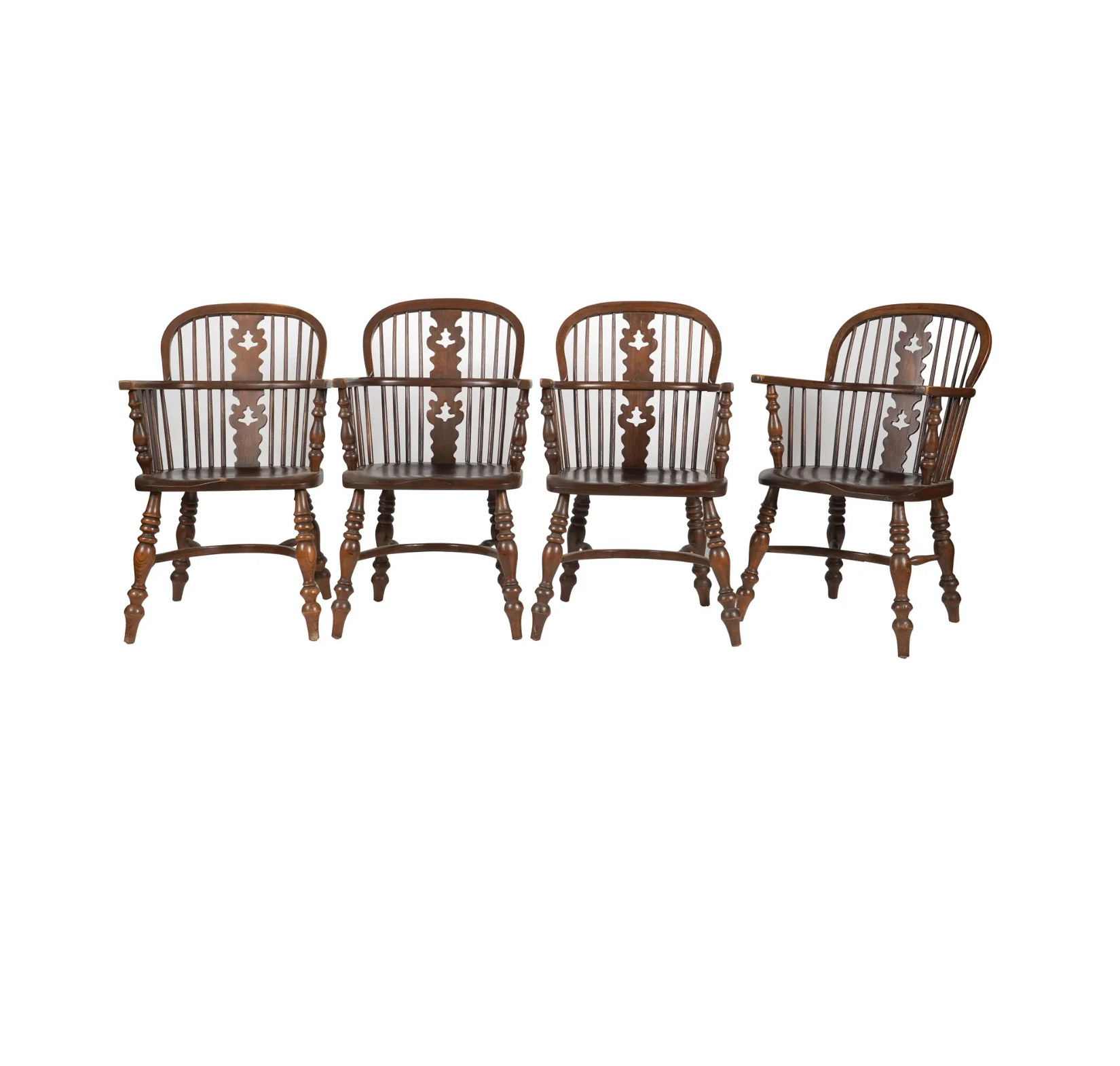 AF2-051: Set of 4 Mid 20th Century Conant Ball Oak Sack Back Windsor Arm Chairs