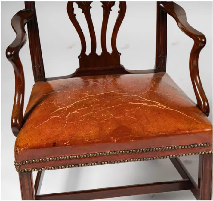 AF2-060: Pair of Early 19th Century English Chippendale Style Mahogany Arm Chairs With Leather Seats