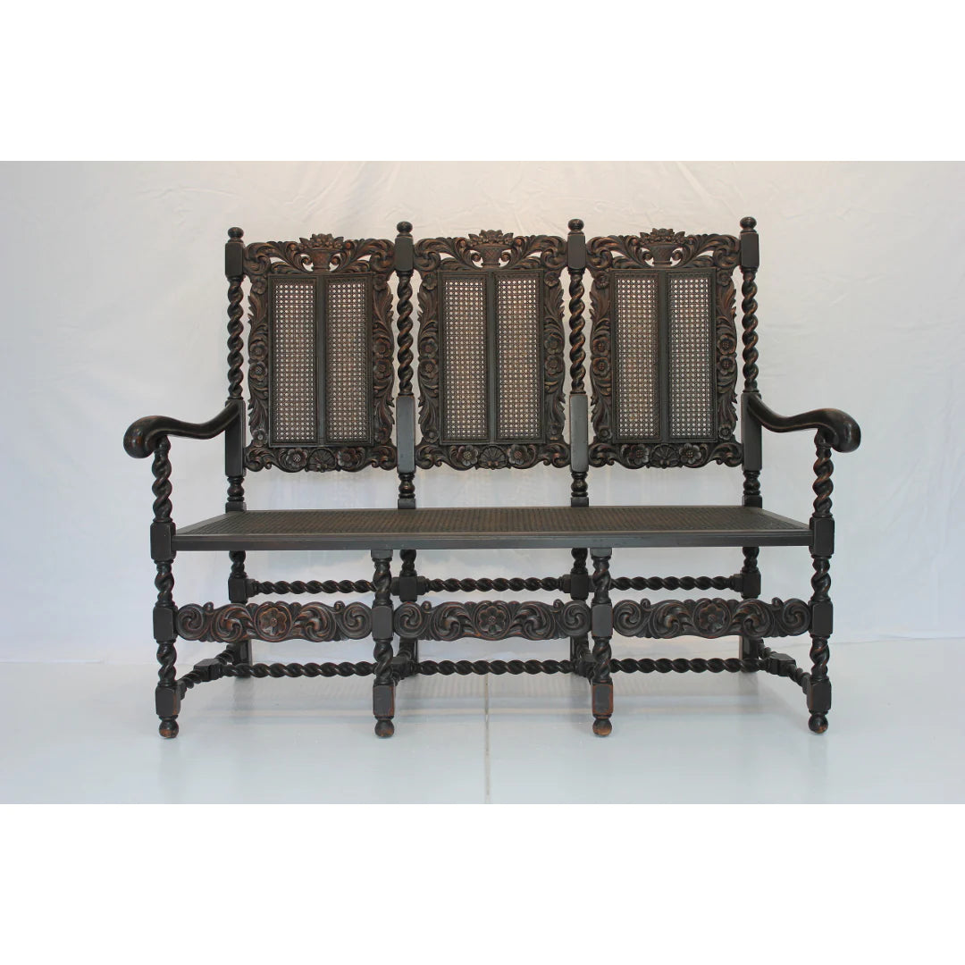 AF2-127: Antique Late 19th Century Jacobean Style Carved Oak Caned Hall Settee