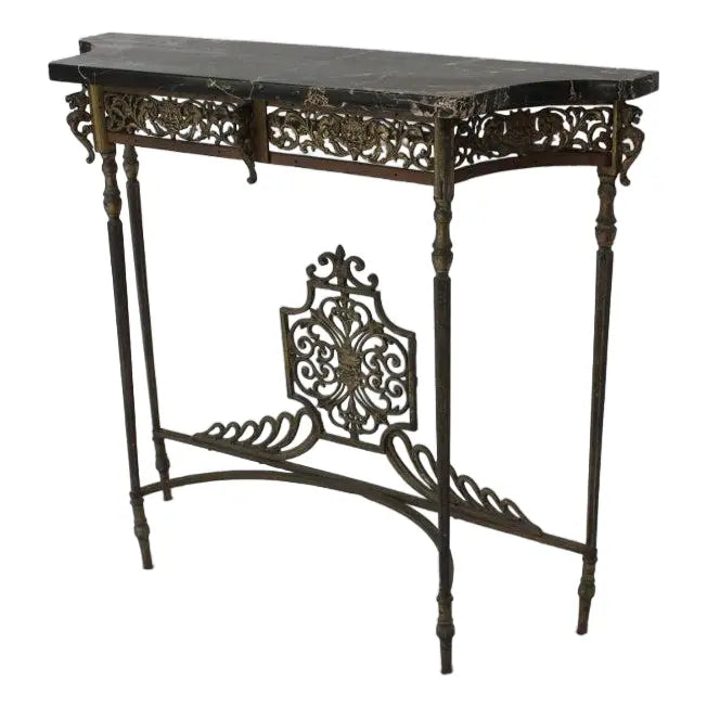  Antique C 1920's Oscar Bach Marble Top Iron & Brass Console Table | Work of Man