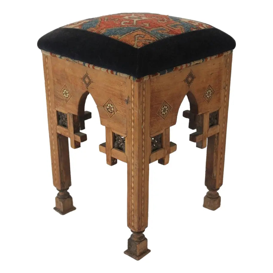 antique-late-19th-century-moroccan-stool-with-hand-knotted-rug-upholstery | Work of Man