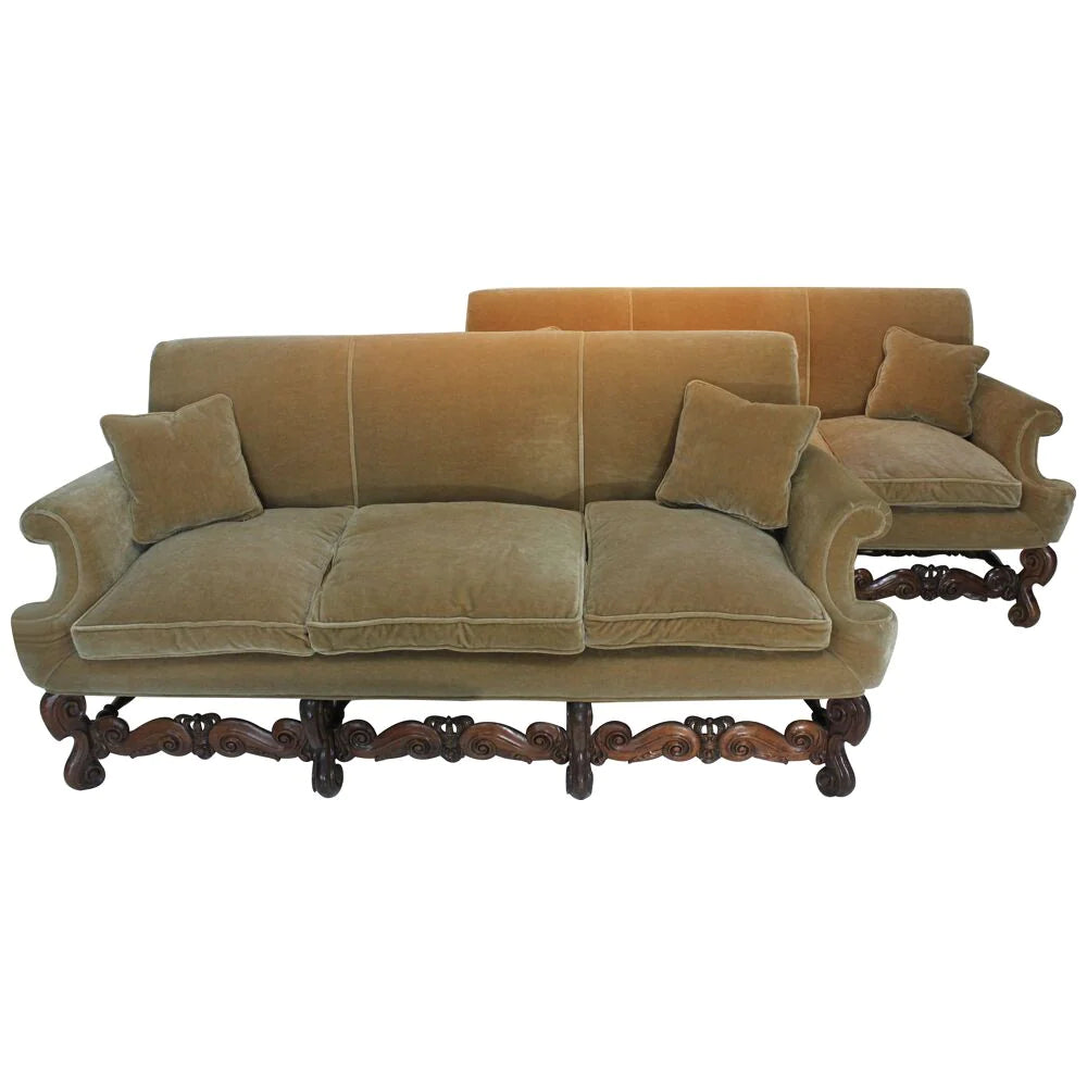 AF2-125: Antique Pair of Early 20th Century Charles II Style Carved Walnut Sofas w/ Mohair Upholstery