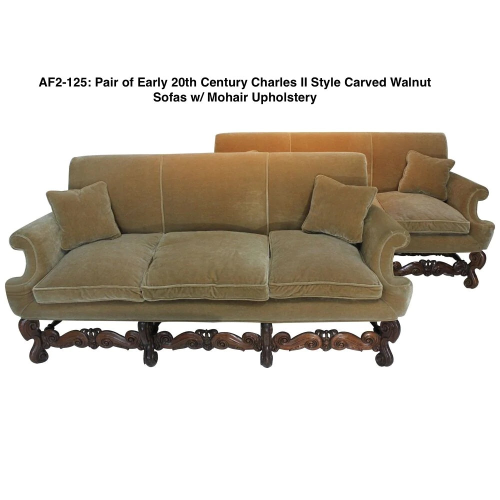 AF2-125: Antique Pair of Early 20th Century Charles II Style Carved Walnut Sofas w/ Mohair Upholstery