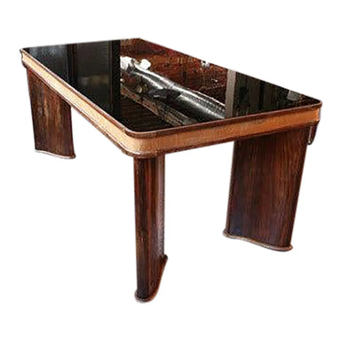 c-1930s-french-art-deco-walnut-table-desk-w-black-glass-top | Work of Man